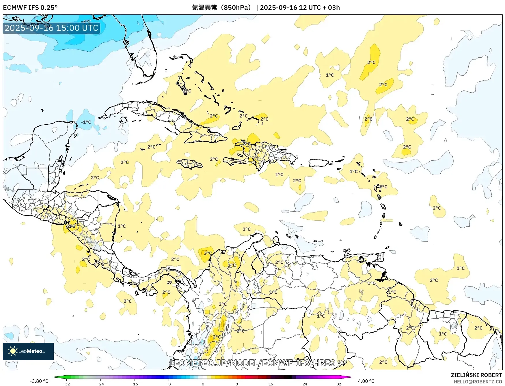 ECMWF IFS 0.25° model - カリブ海, 気温異常（850hPa）