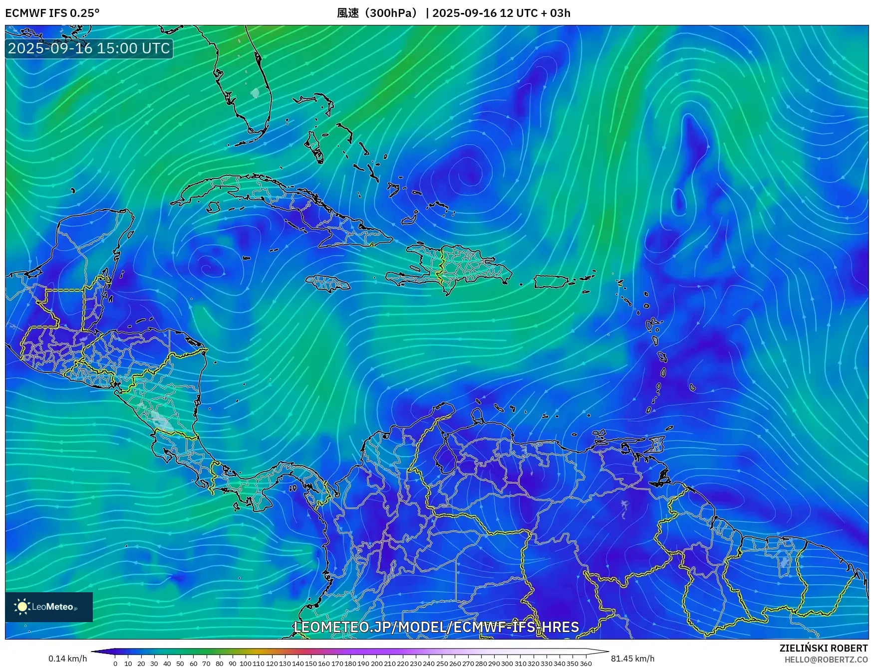 ECMWF IFS 0.25° model - カリブ海, 風速（300hPa）