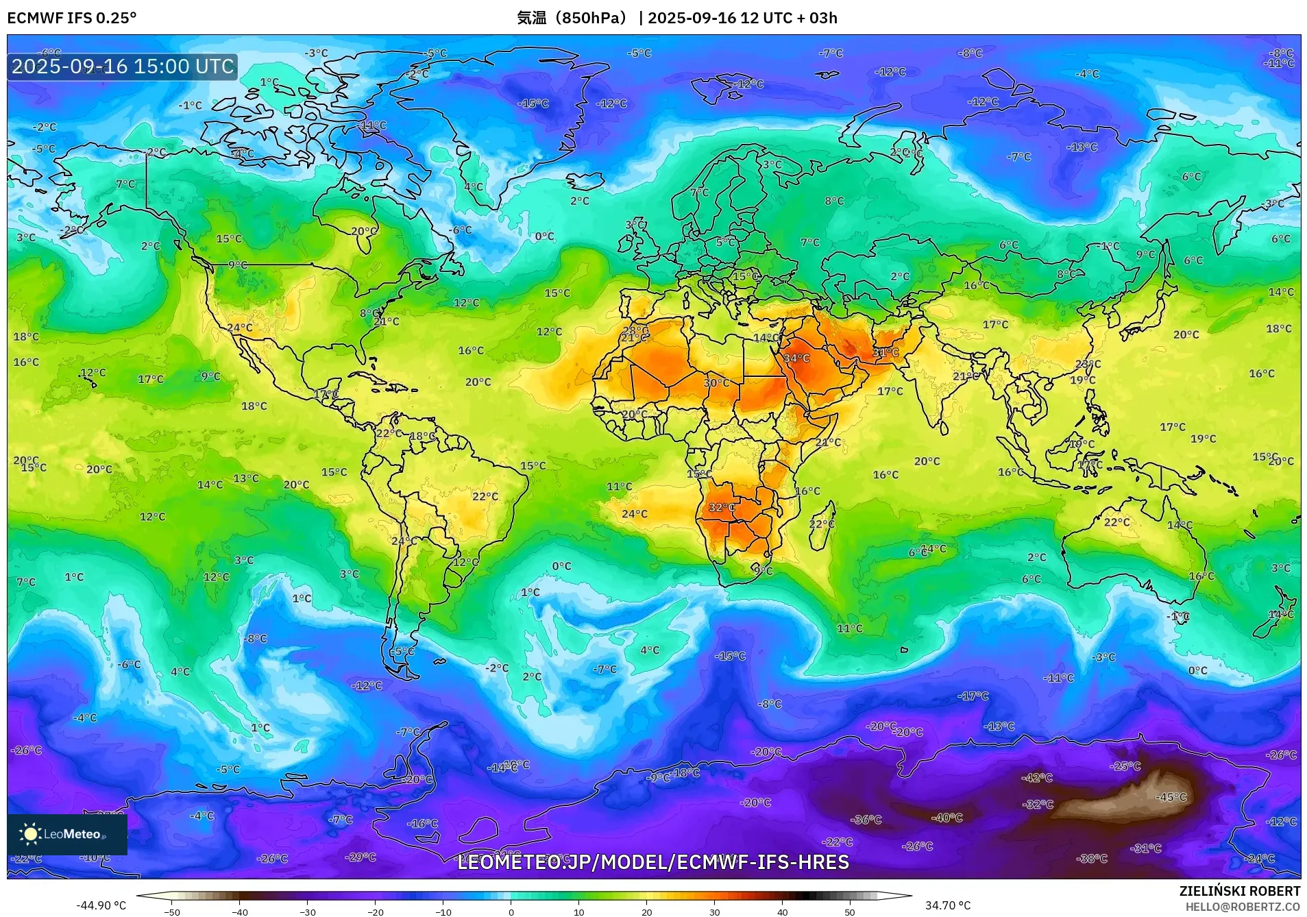 ECMWF IFS 0.25° model - 世界, 気温（850hPa）