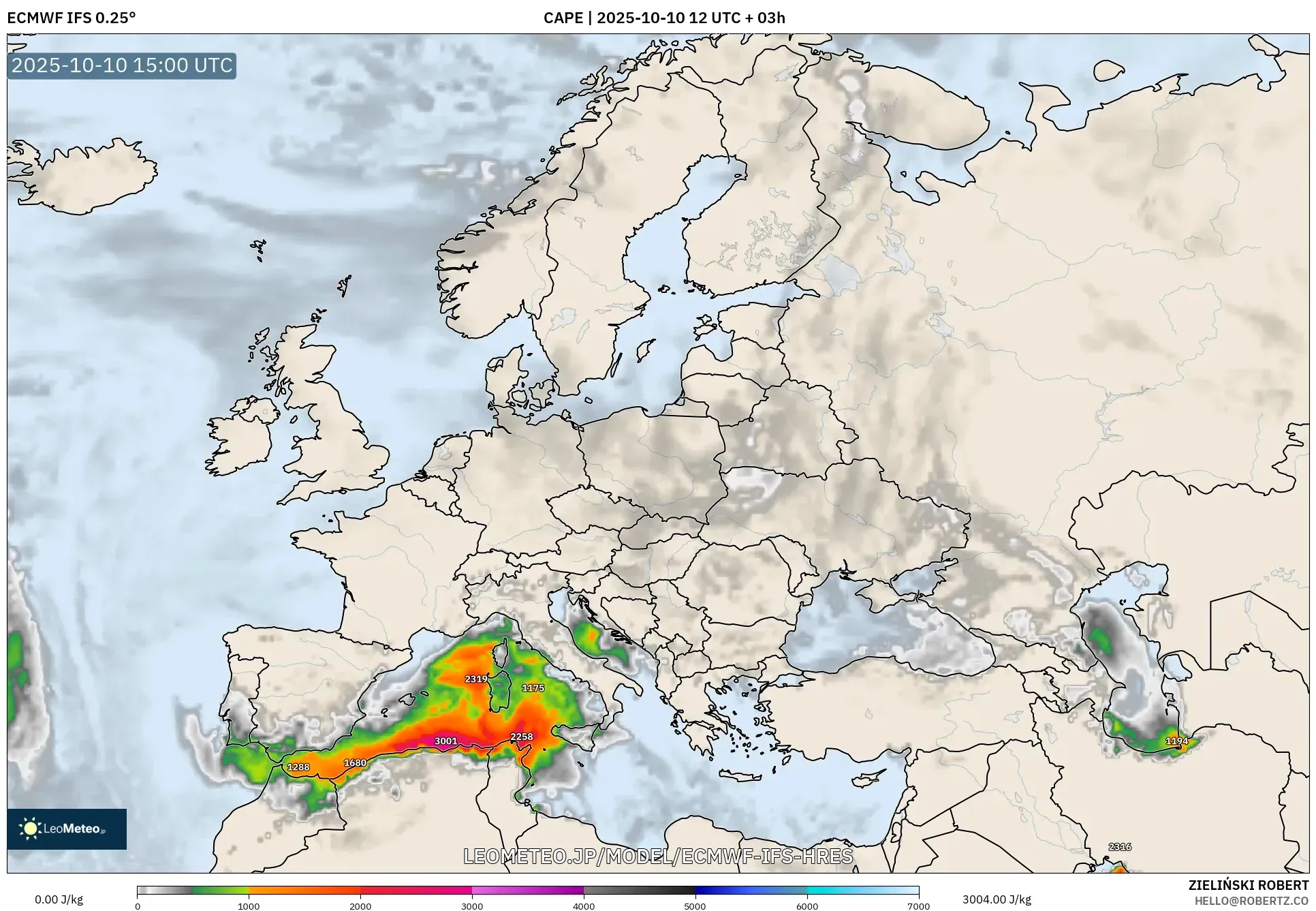 ECMWF IFS 0.25° model - ヨーロッパ, CAPE ECMWF IFS 0.25° model - ヨーロッパ, CAPE