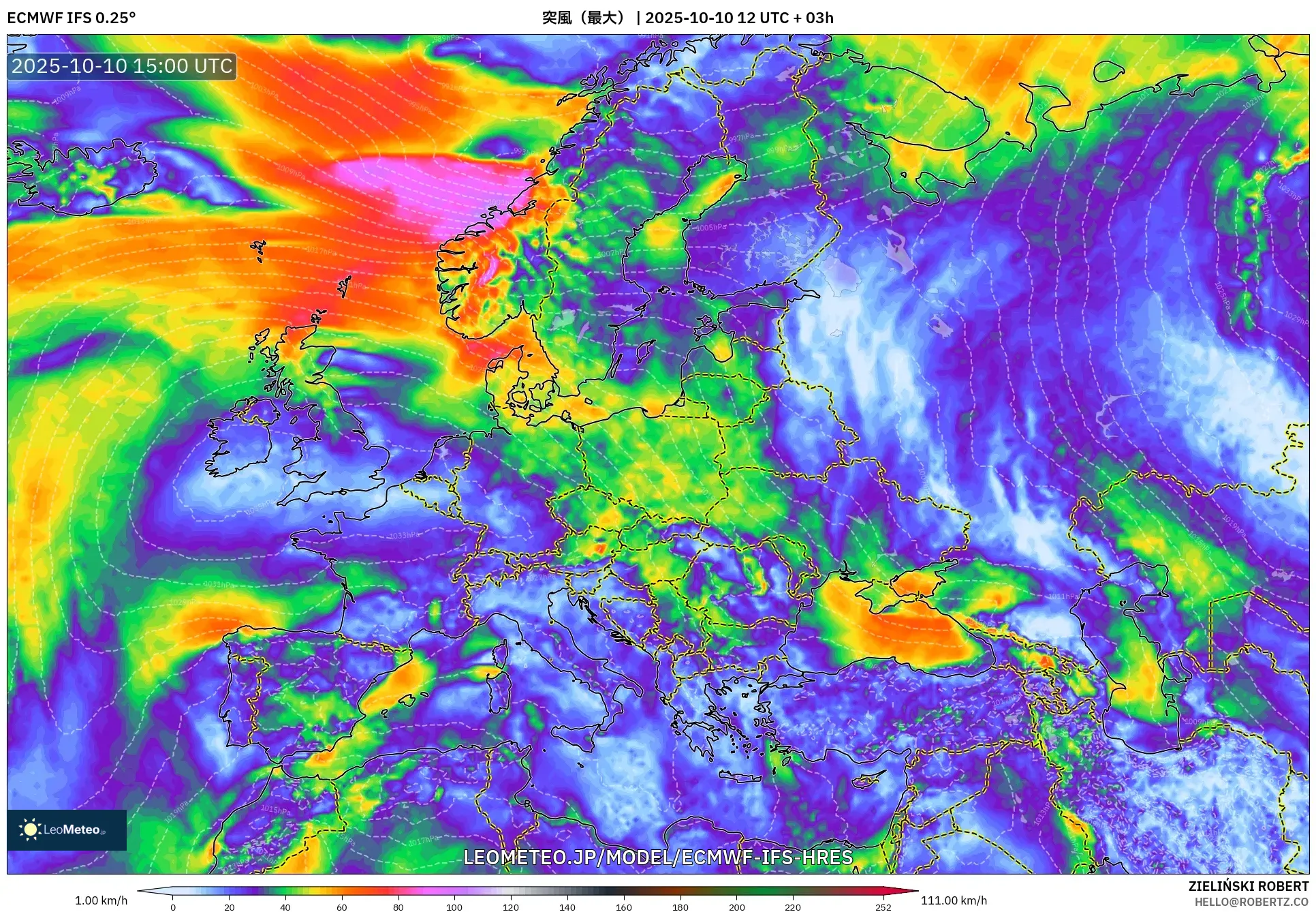 ECMWF IFS 0.25° model - ヨーロッパ, 突風(最大) ECMWF IFS 0.25° model - ヨーロッパ, 突風(最大)