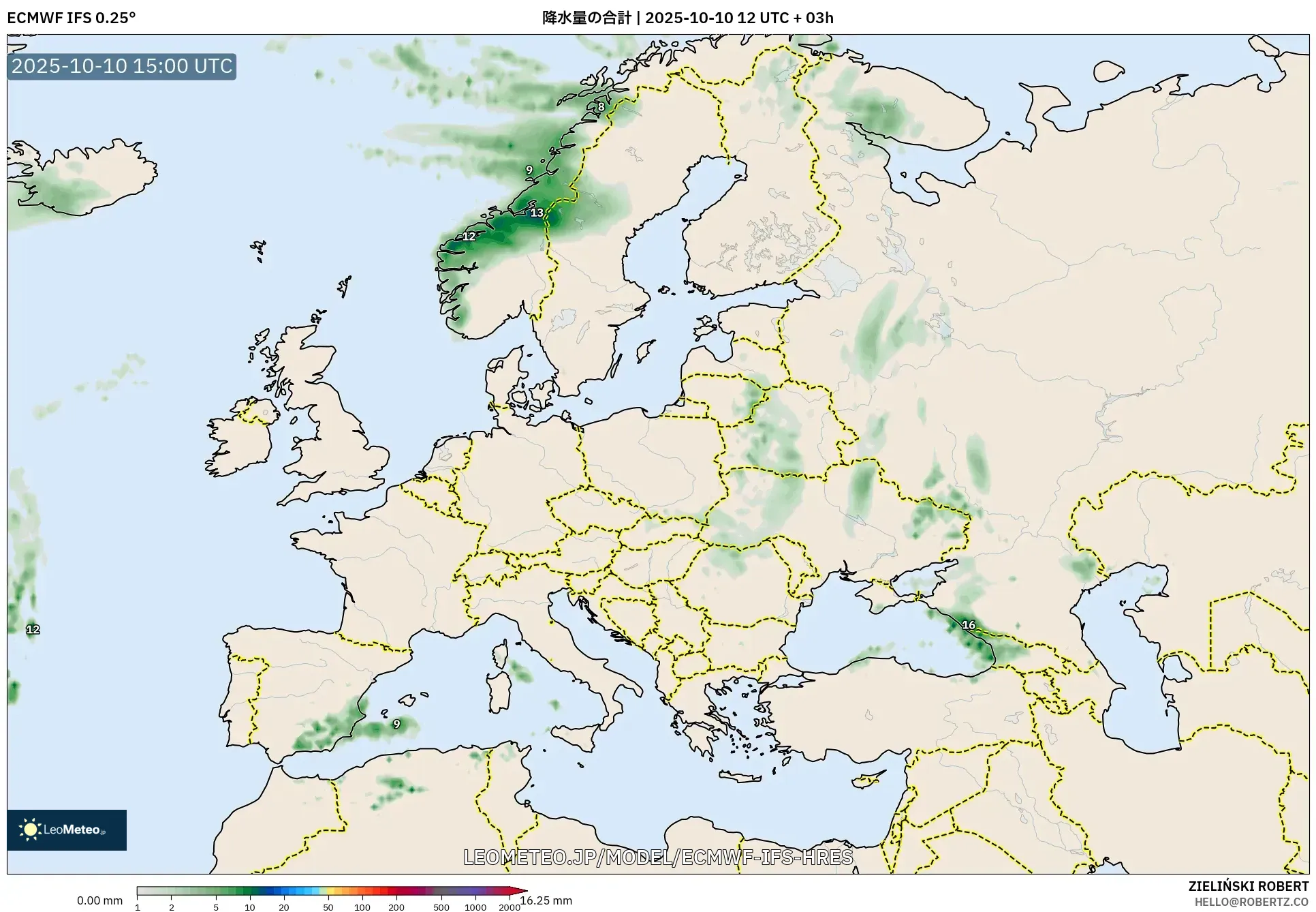 ECMWF IFS 0.25° model - ヨーロッパ, 降水量の合計