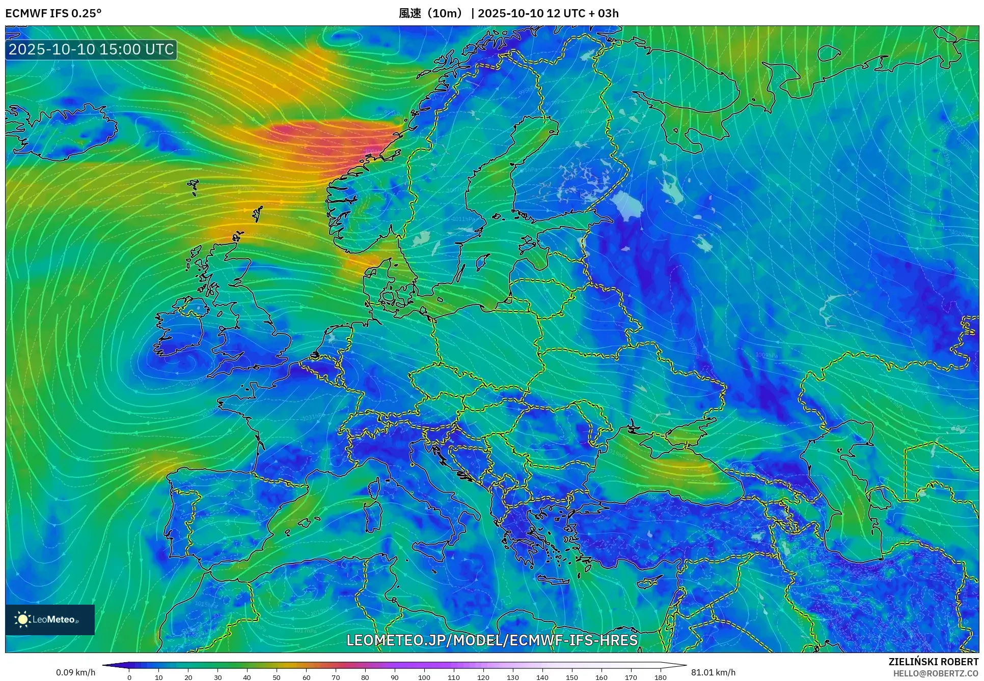 ECMWF IFS 0.25° model - ヨーロッパ, 風速(10m) ECMWF IFS 0.25° model - ヨーロッパ, 風速(10m)