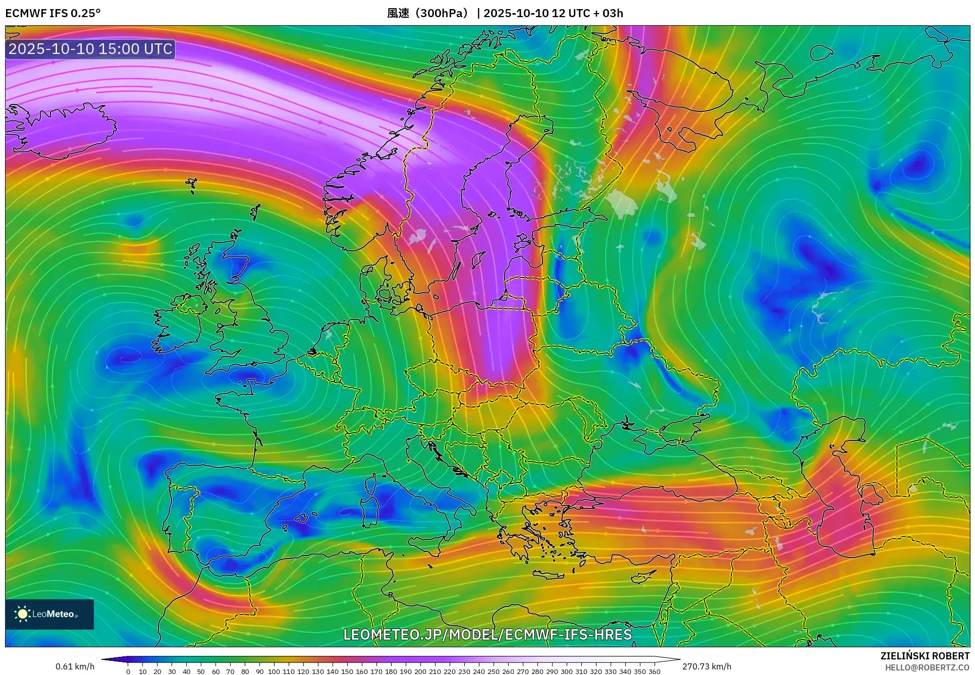 ECMWF IFS 0.25° model - ヨーロッパ, 風速(300hPa) ECMWF IFS 0.25° model - ヨーロッパ, 風速(300hPa)