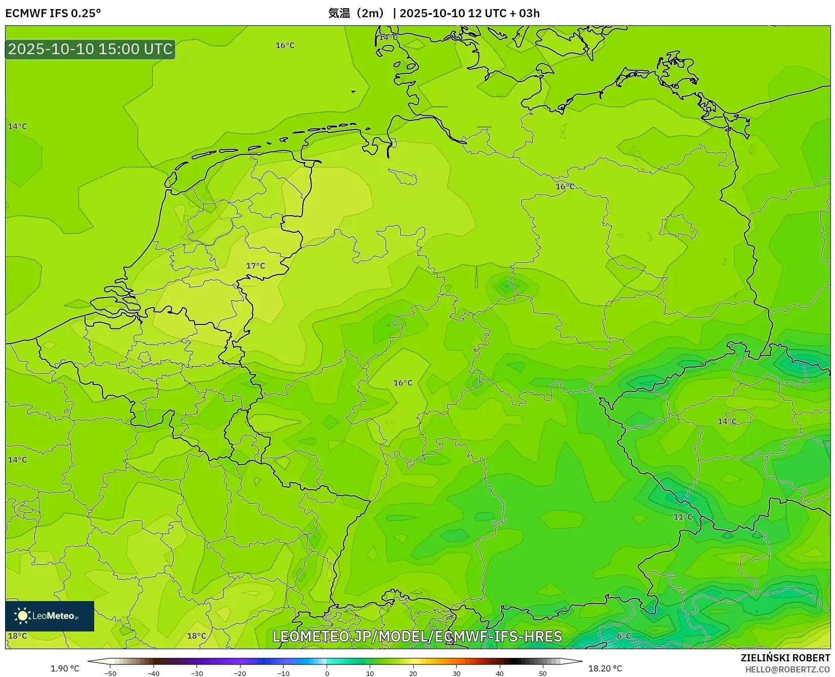 ECMWF IFS 0.25° model - ドイツ, 気温(2m) ECMWF IFS 0.25° model - ドイツ, 気温(2m)