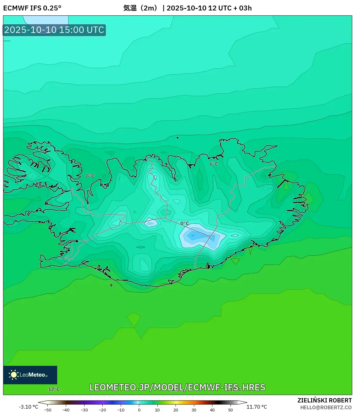 ECMWF IFS 0.25° model - アイスランド, 気温（2m）