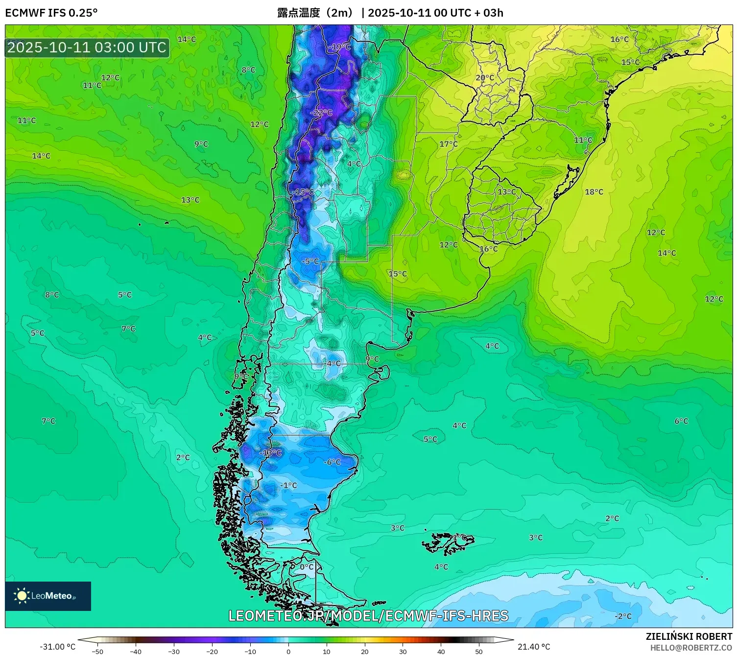 ECMWF IFS 0.25° model - アルゼンチン, 露点温度(2m) ECMWF IFS 0.25° model - アルゼンチン, 露点温度(2m)