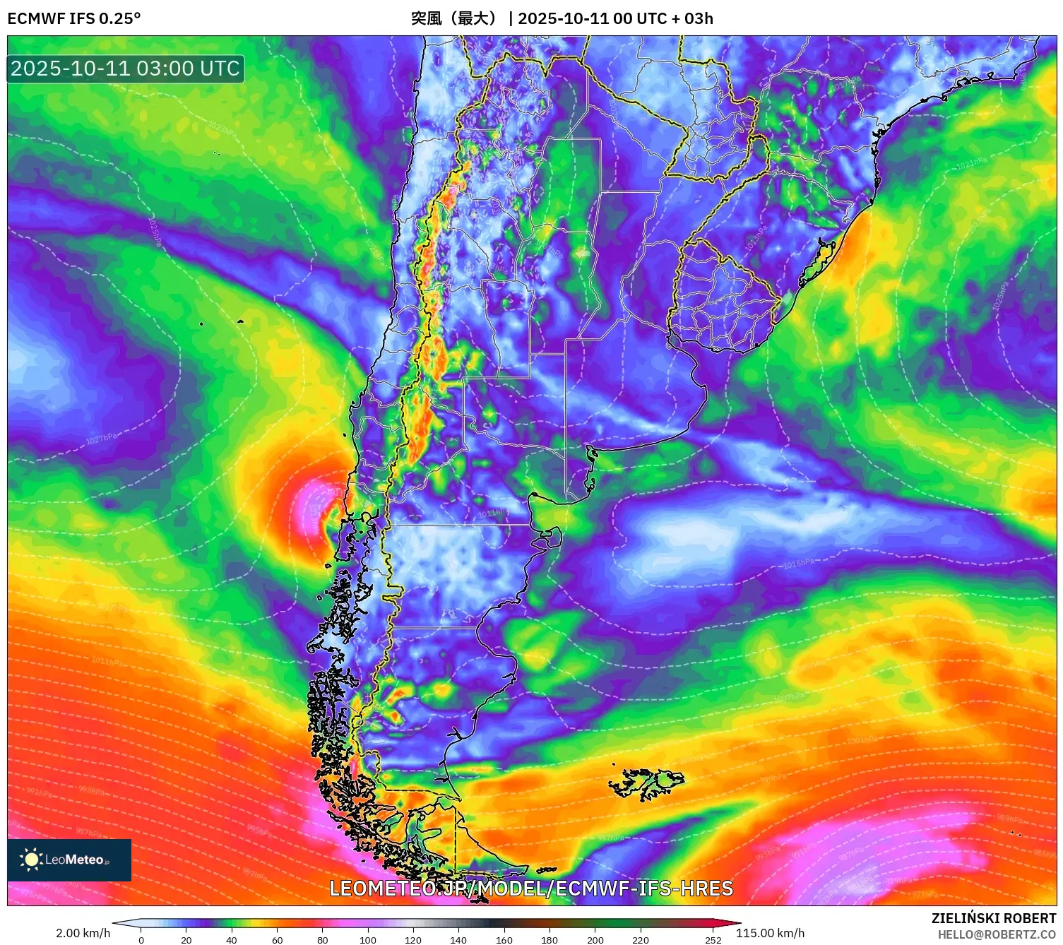 ECMWF IFS 0.25° model - アルゼンチン, 突風(最大) ECMWF IFS 0.25° model - アルゼンチン, 突風(最大)