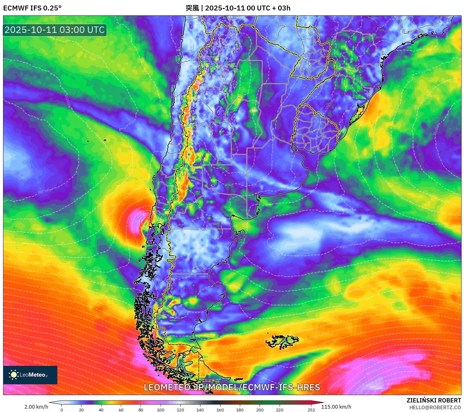 ECMWF IFS 0.25° model - アルゼンチン, 突風 ECMWF IFS 0.25° model - アルゼンチン, 突風