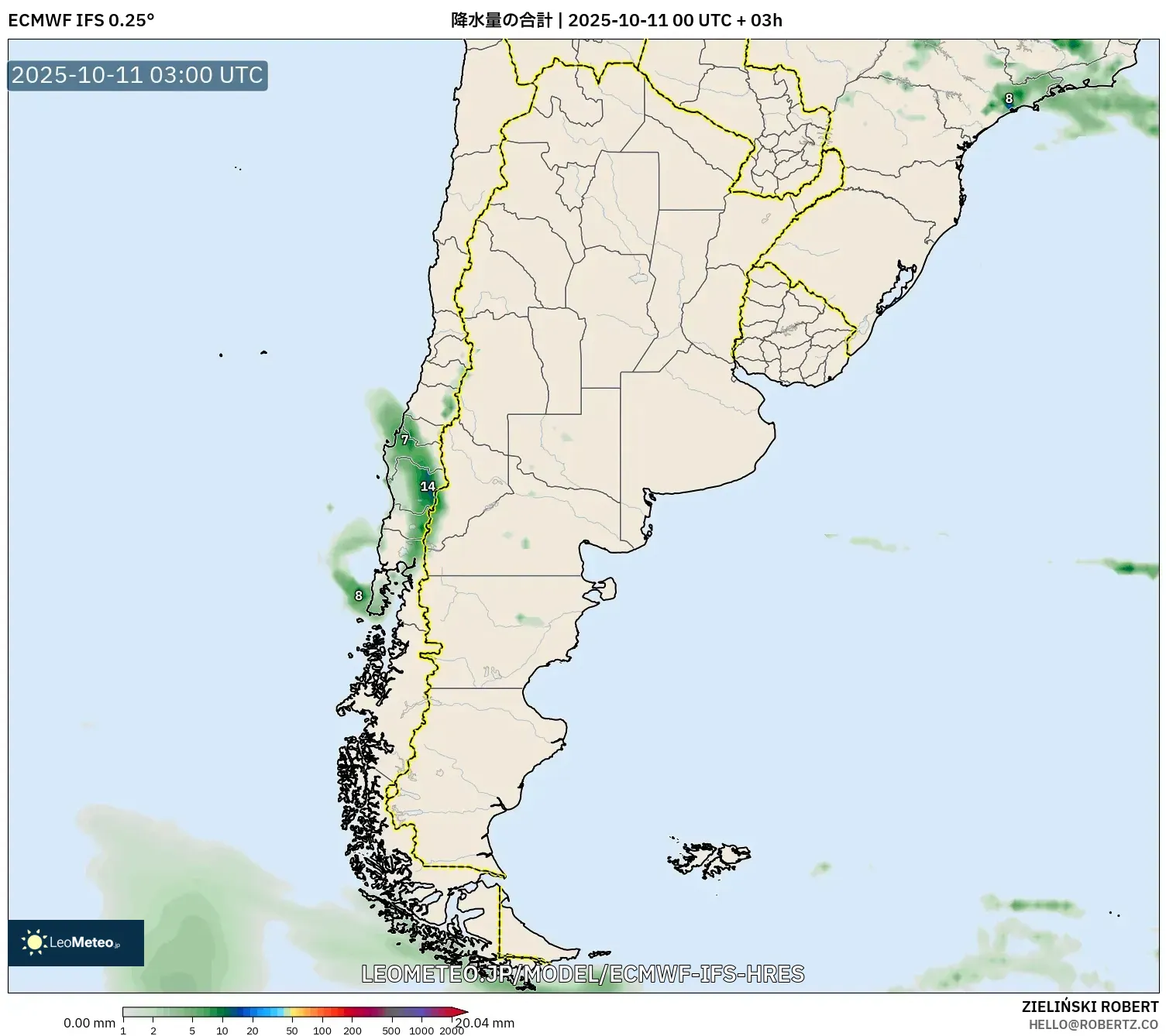 ECMWF IFS 0.25° model - アルゼンチン, 降水量の合計 ECMWF IFS 0.25° model - アルゼンチン, 降水量の合計