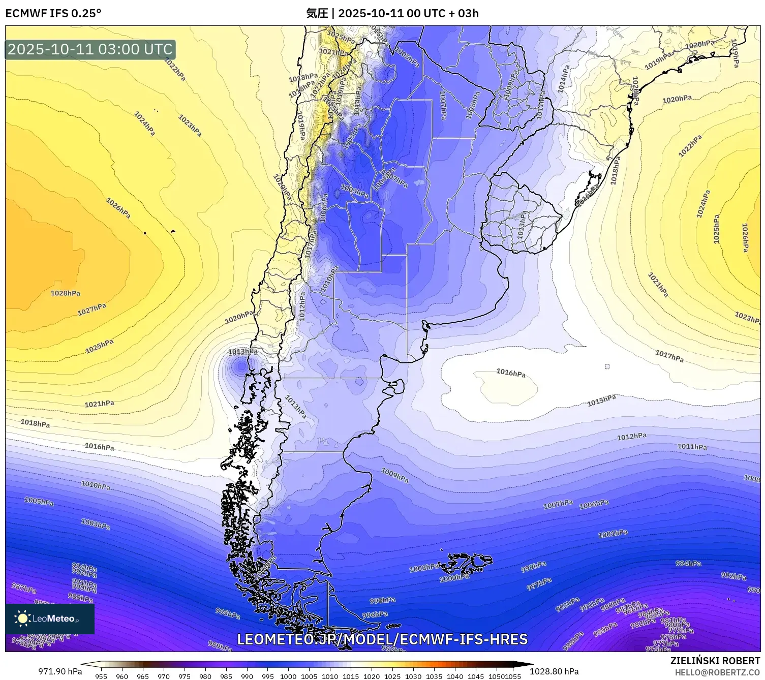 ECMWF IFS 0.25° model - アルゼンチン, 気圧 ECMWF IFS 0.25° model - アルゼンチン, 気圧