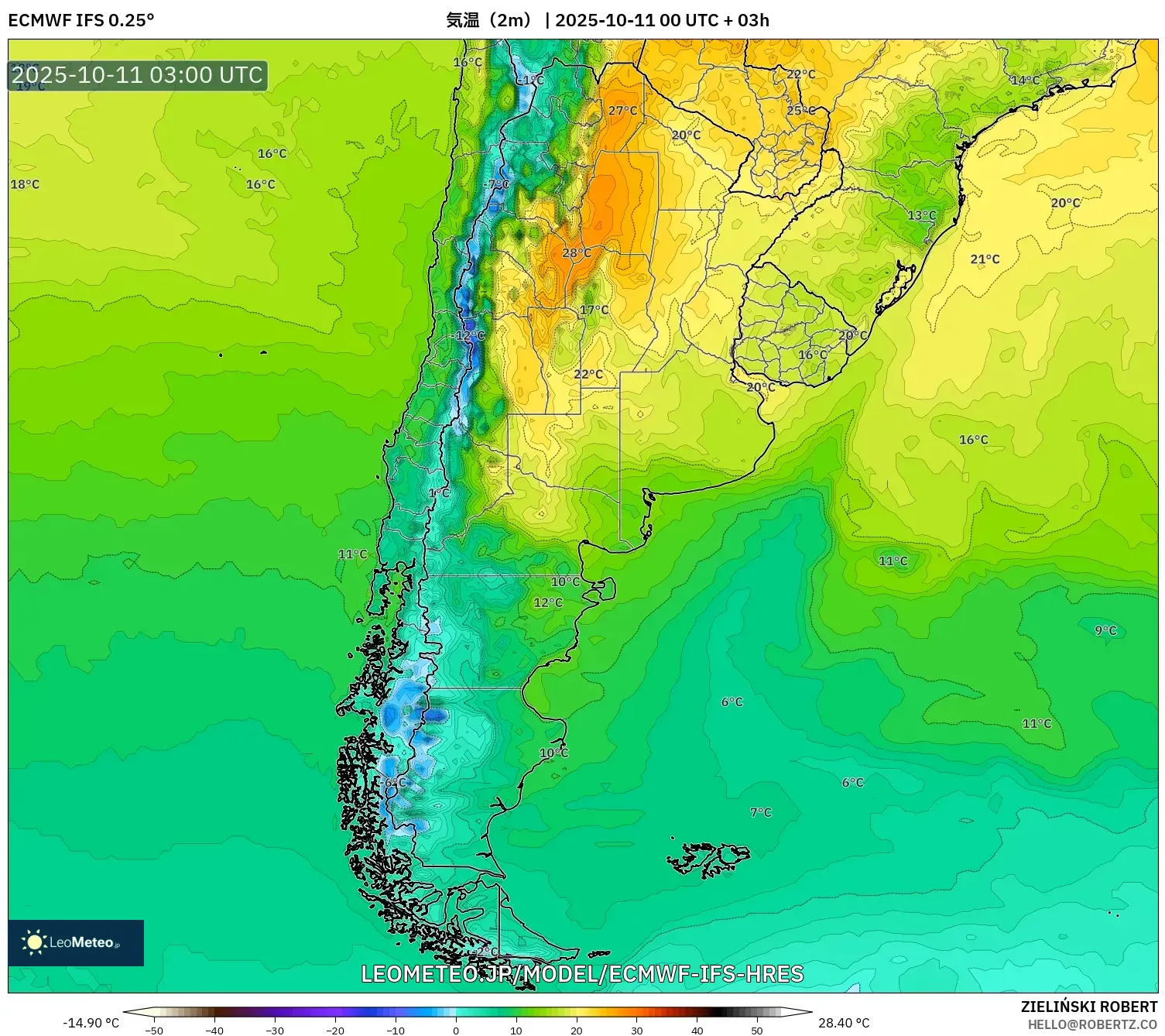 ECMWF IFS 0.25° model - アルゼンチン, 気温(2m) ECMWF IFS 0.25° model - アルゼンチン, 気温(2m)