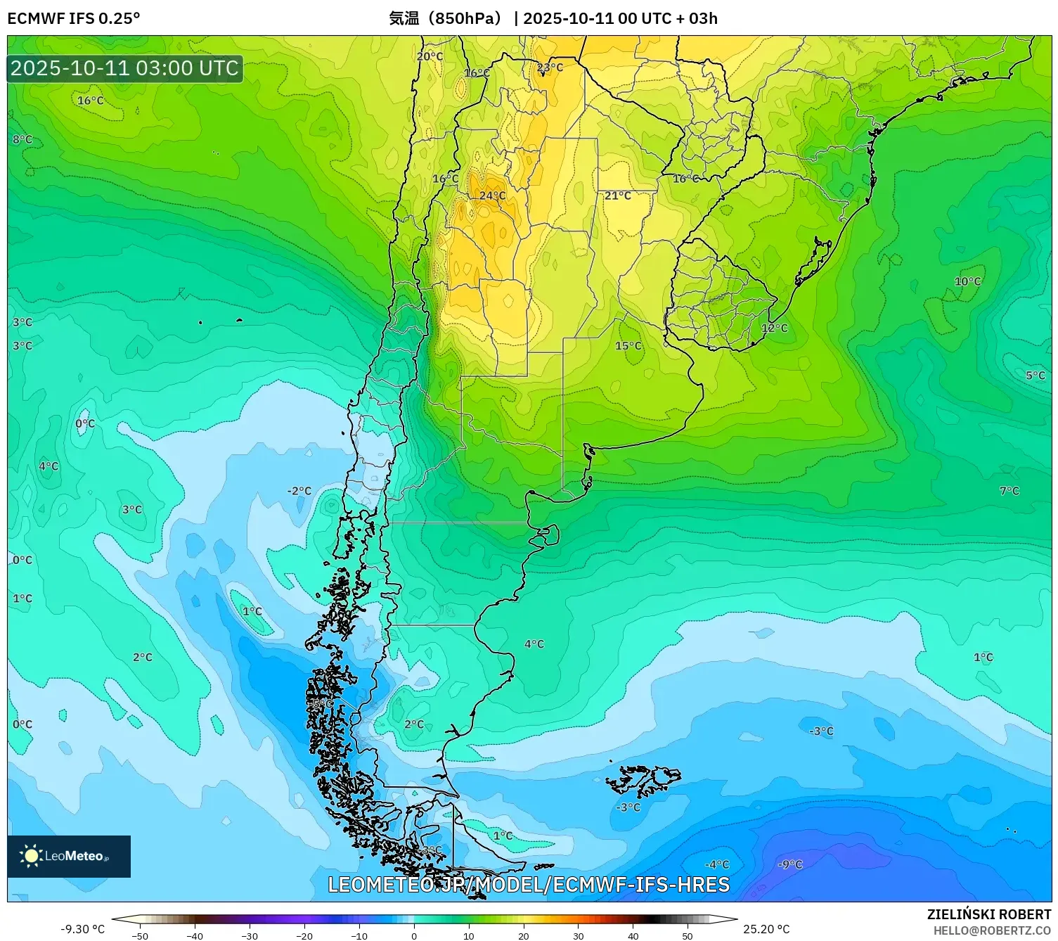 ECMWF IFS 0.25° model - アルゼンチン, 気温(850hPa) ECMWF IFS 0.25° model - アルゼンチン, 気温(850hPa)