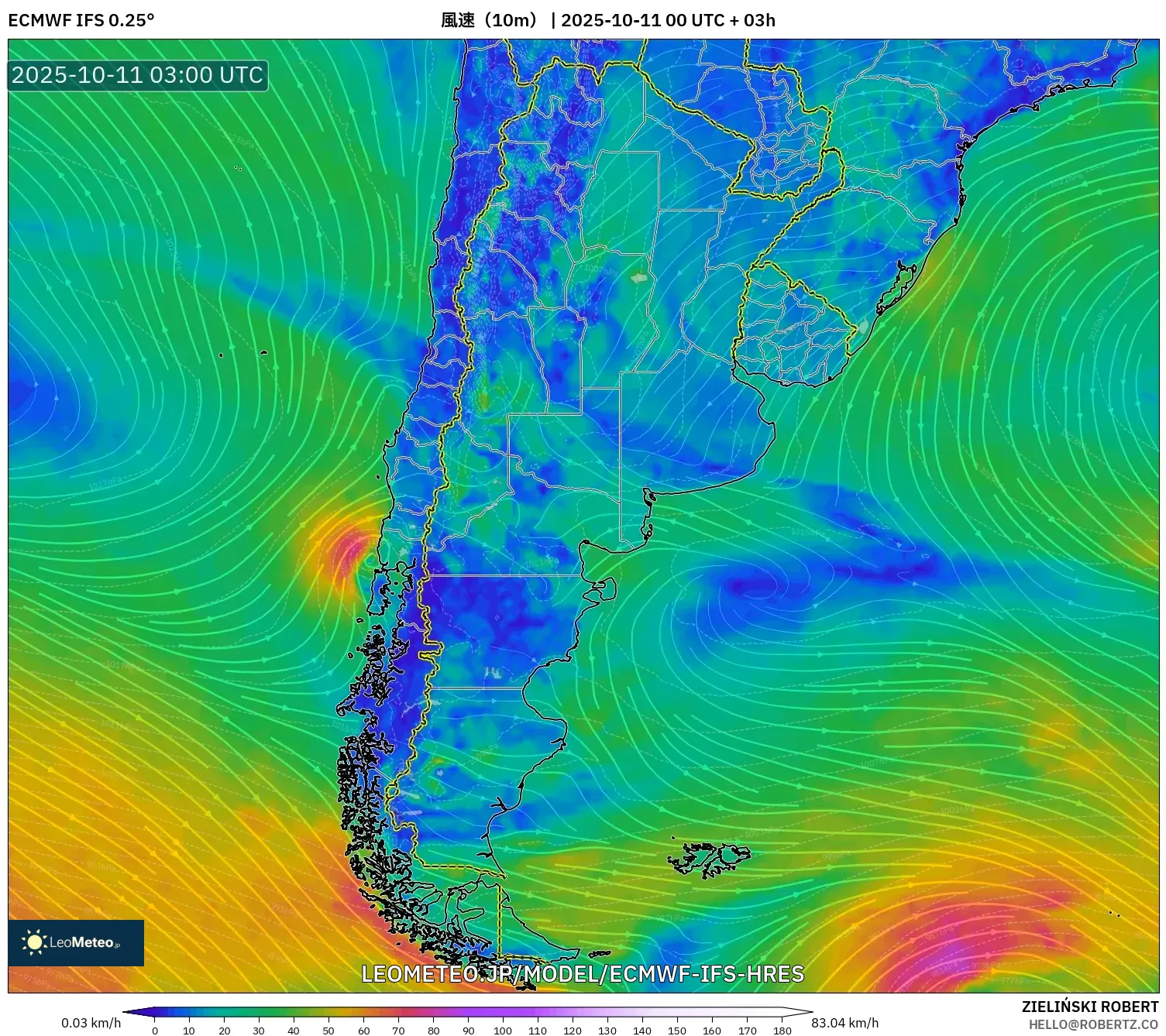 ECMWF IFS 0.25° model - アルゼンチン, 風速（10m）