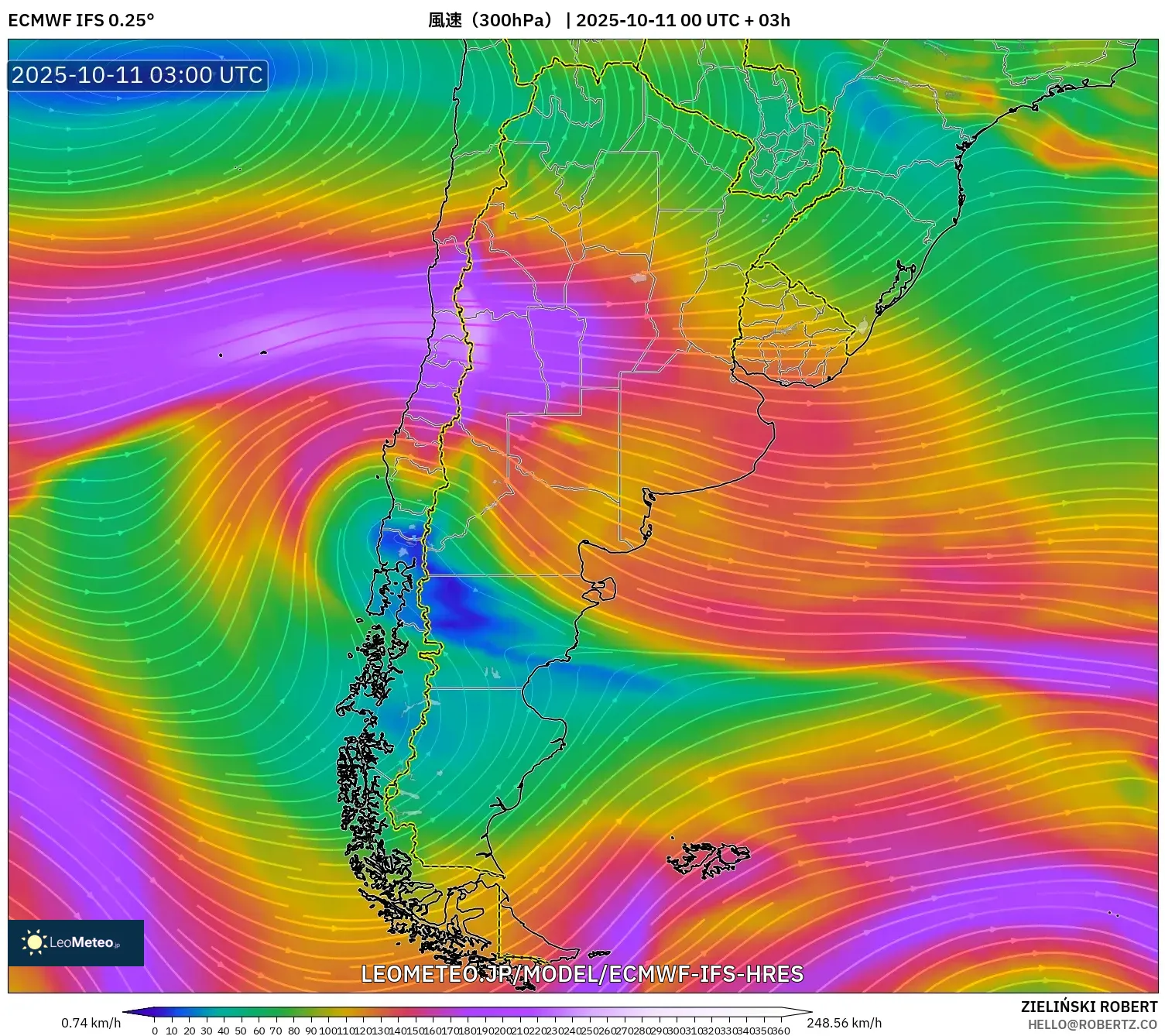 ECMWF IFS 0.25° model - アルゼンチン, 風速(300hPa) ECMWF IFS 0.25° model - アルゼンチン, 風速(300hPa)