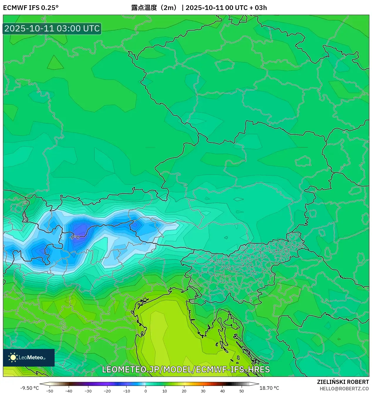 ECMWF IFS 0.25° model - オーストリア, 露点温度（2m）
