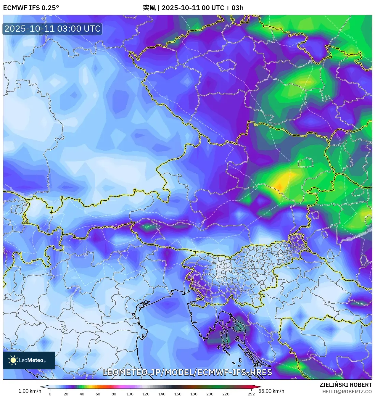 ECMWF IFS 0.25° model - オーストリア, 突風 ECMWF IFS 0.25° model - オーストリア, 突風