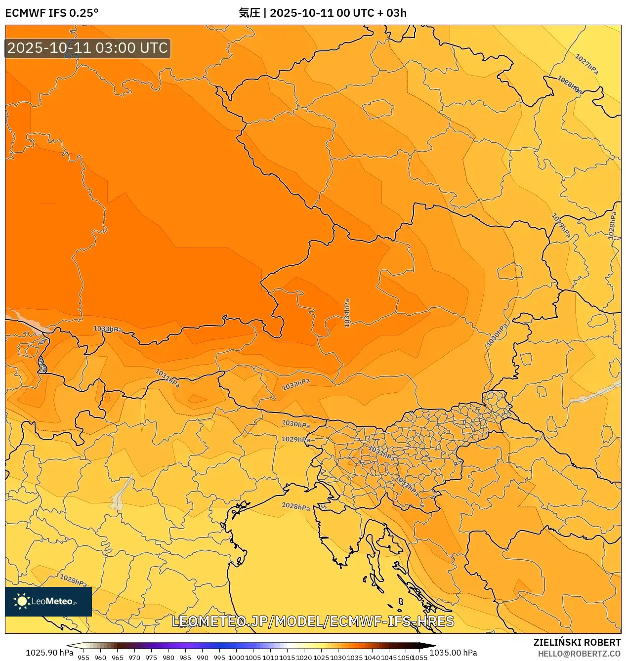 ECMWF IFS 0.25° model - オーストリア, 気圧 ECMWF IFS 0.25° model - オーストリア, 気圧
