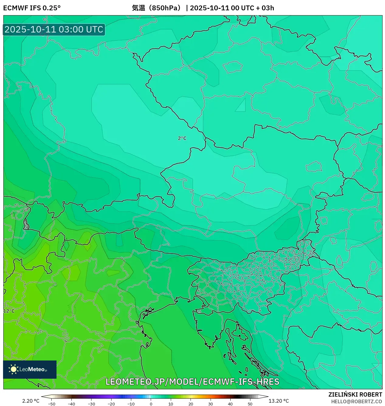 ECMWF IFS 0.25° model - オーストリア, 気温(850hPa) ECMWF IFS 0.25° model - オーストリア, 気温(850hPa)