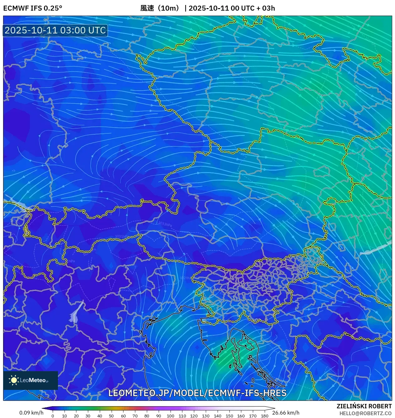 ECMWF IFS 0.25° model - オーストリア, 風速(10m) ECMWF IFS 0.25° model - オーストリア, 風速(10m)