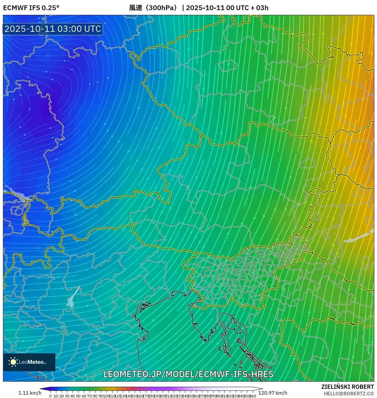 ECMWF IFS 0.25° model - オーストリア, 風速（300hPa）