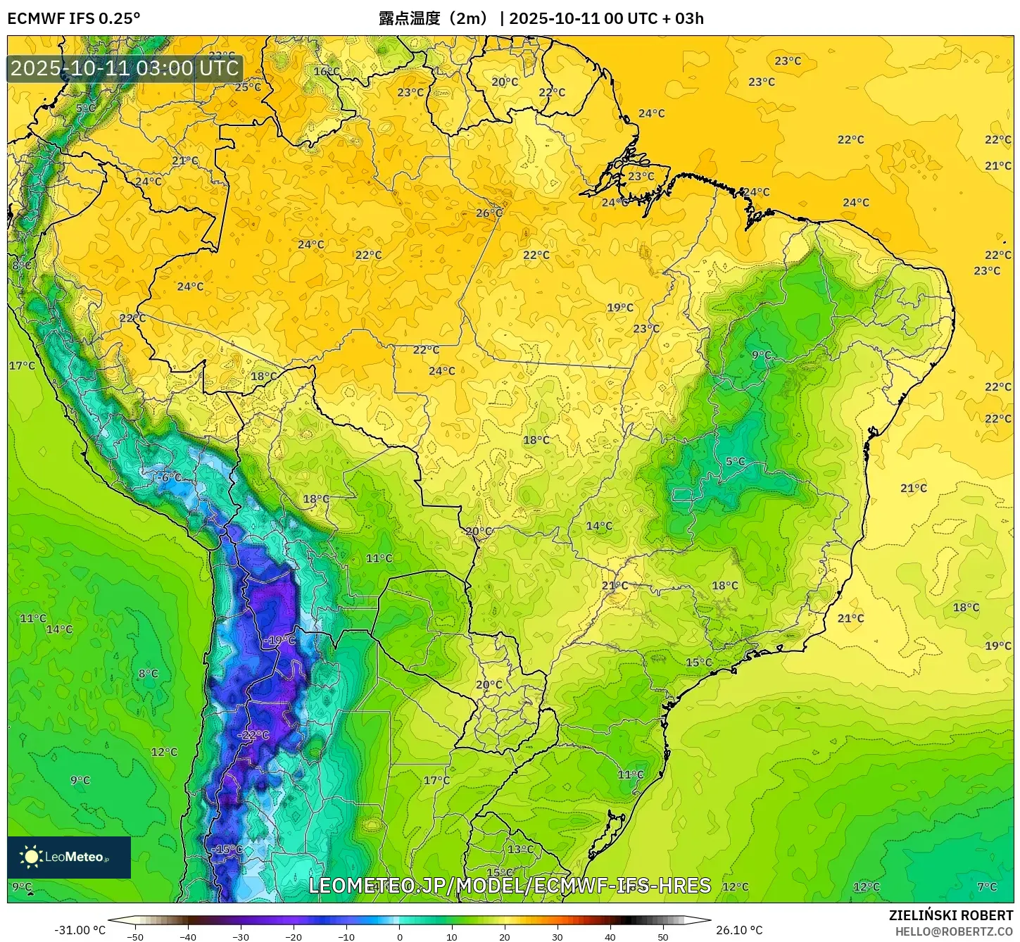 ECMWF IFS 0.25° model - ブラジル, 露点温度(2m) ECMWF IFS 0.25° model - ブラジル, 露点温度(2m)