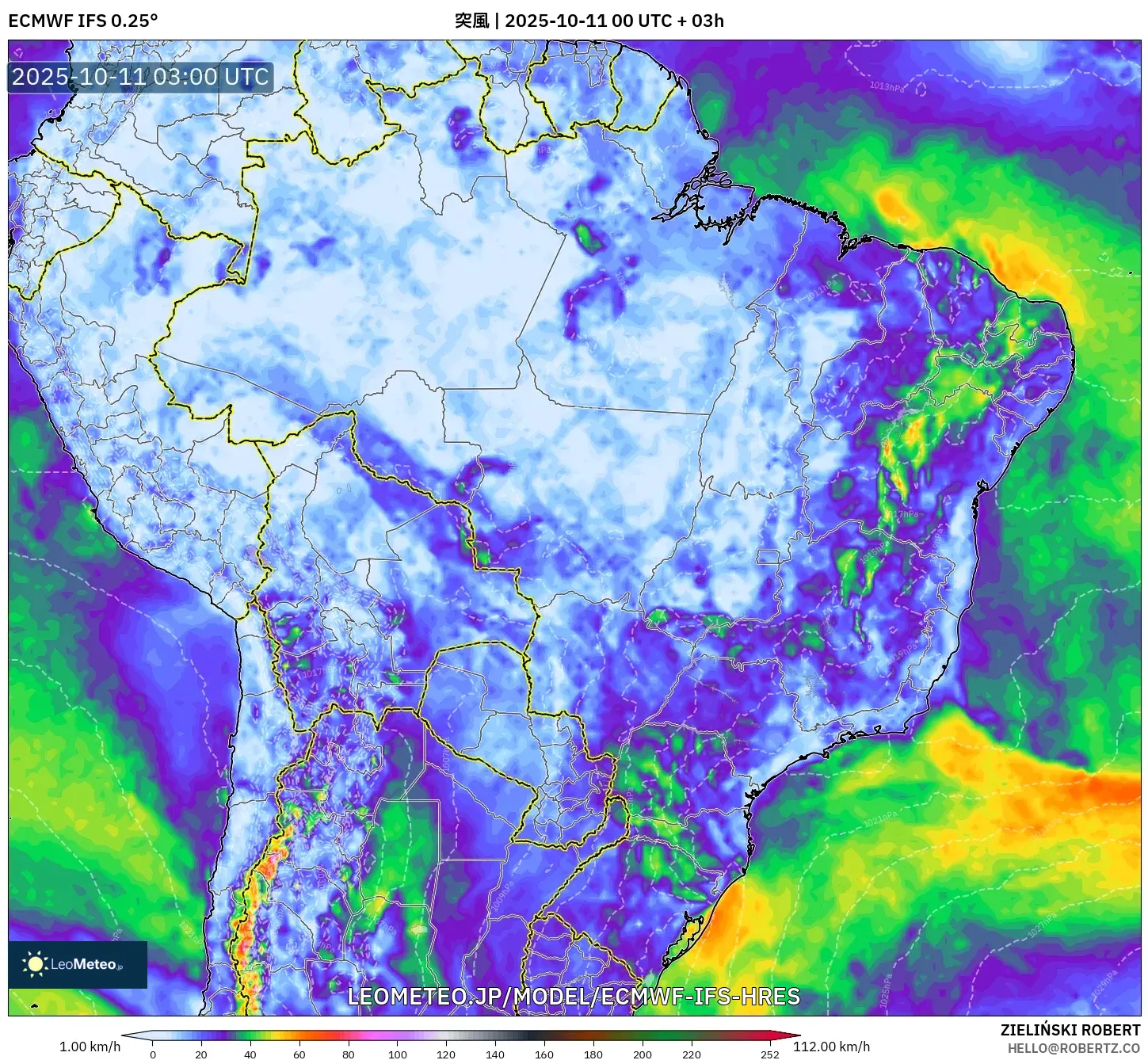 ECMWF IFS 0.25° model - ブラジル, 突風 ECMWF IFS 0.25° model - ブラジル, 突風