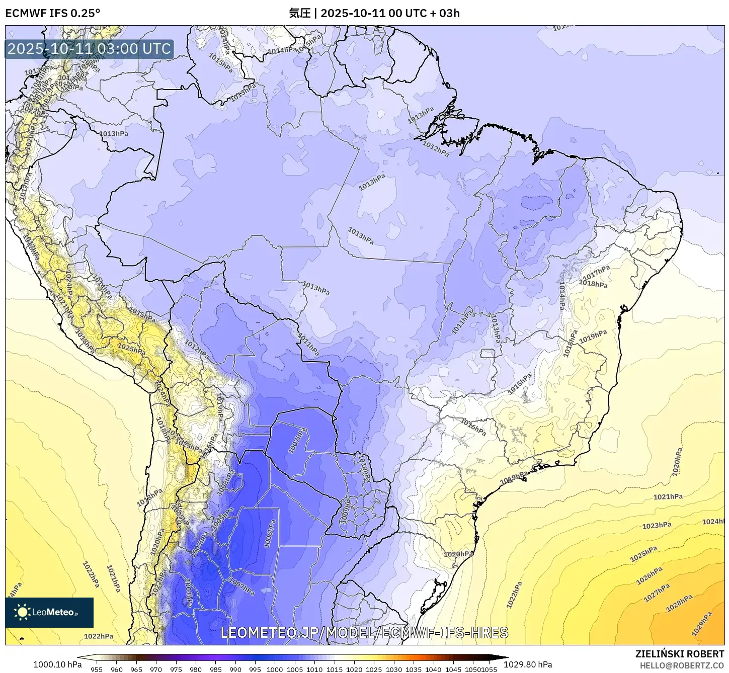 ECMWF IFS 0.25° model - ブラジル, 気圧 ECMWF IFS 0.25° model - ブラジル, 気圧