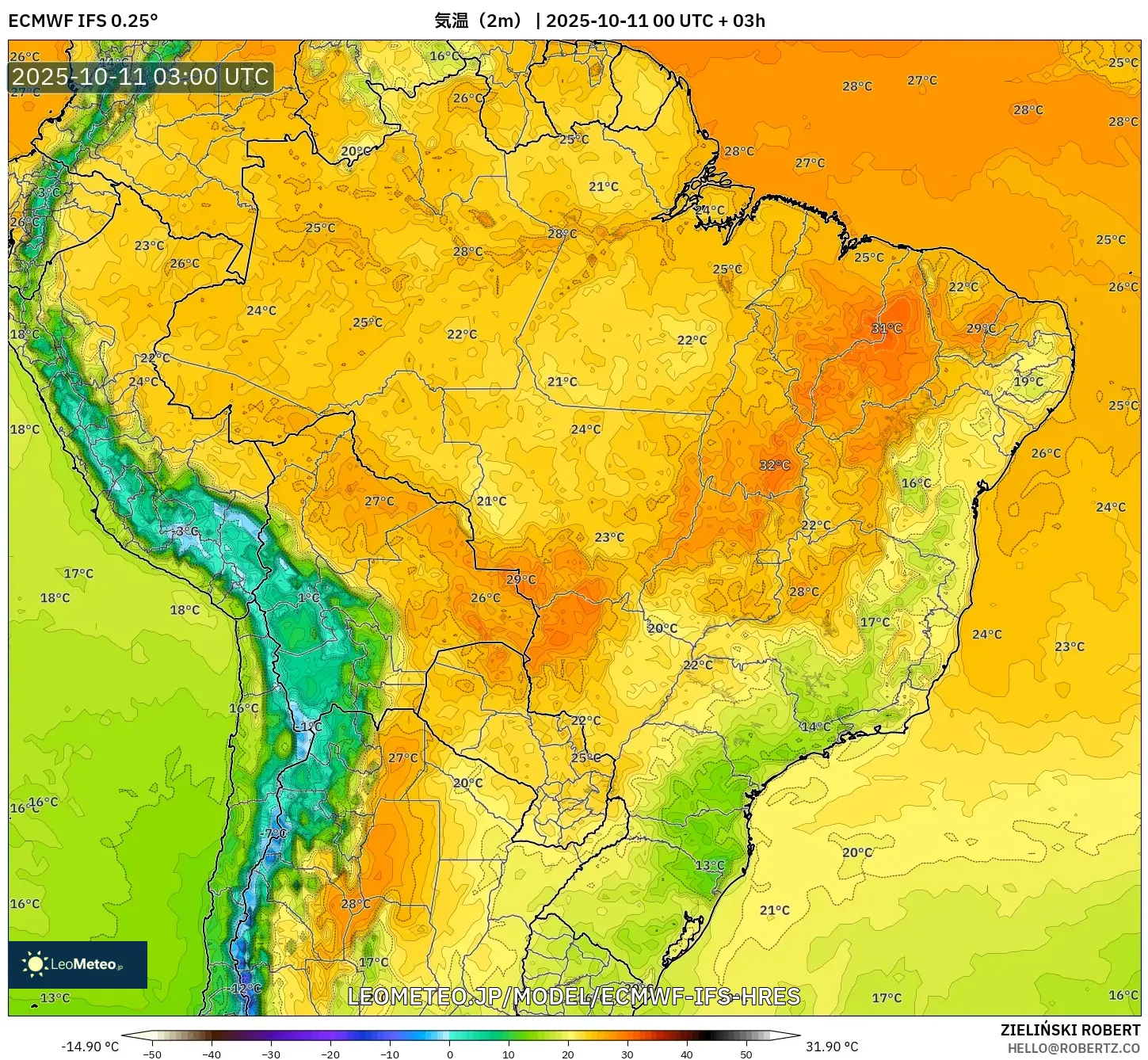 ECMWF IFS 0.25° model - ブラジル, 気温(2m) ECMWF IFS 0.25° model - ブラジル, 気温(2m)