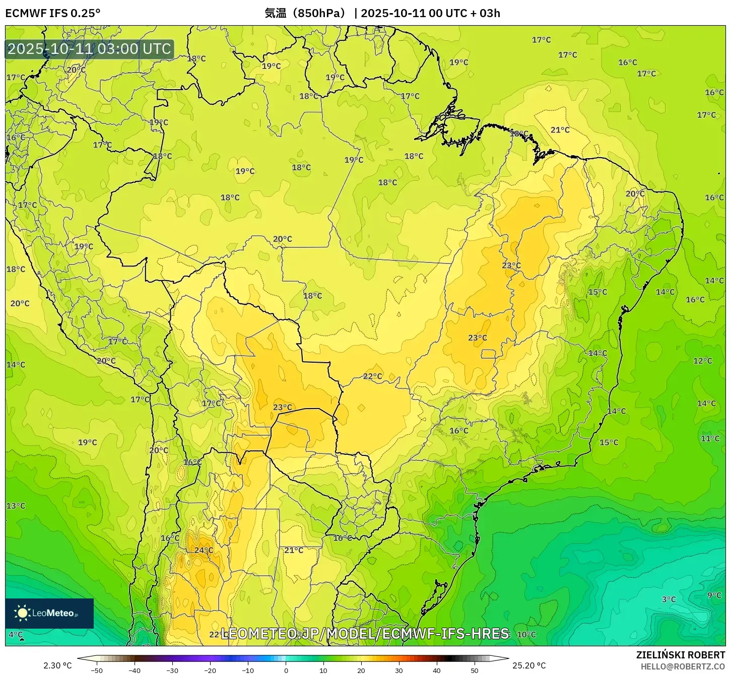 ECMWF IFS 0.25° model - ブラジル, 気温(850hPa) ECMWF IFS 0.25° model - ブラジル, 気温(850hPa)