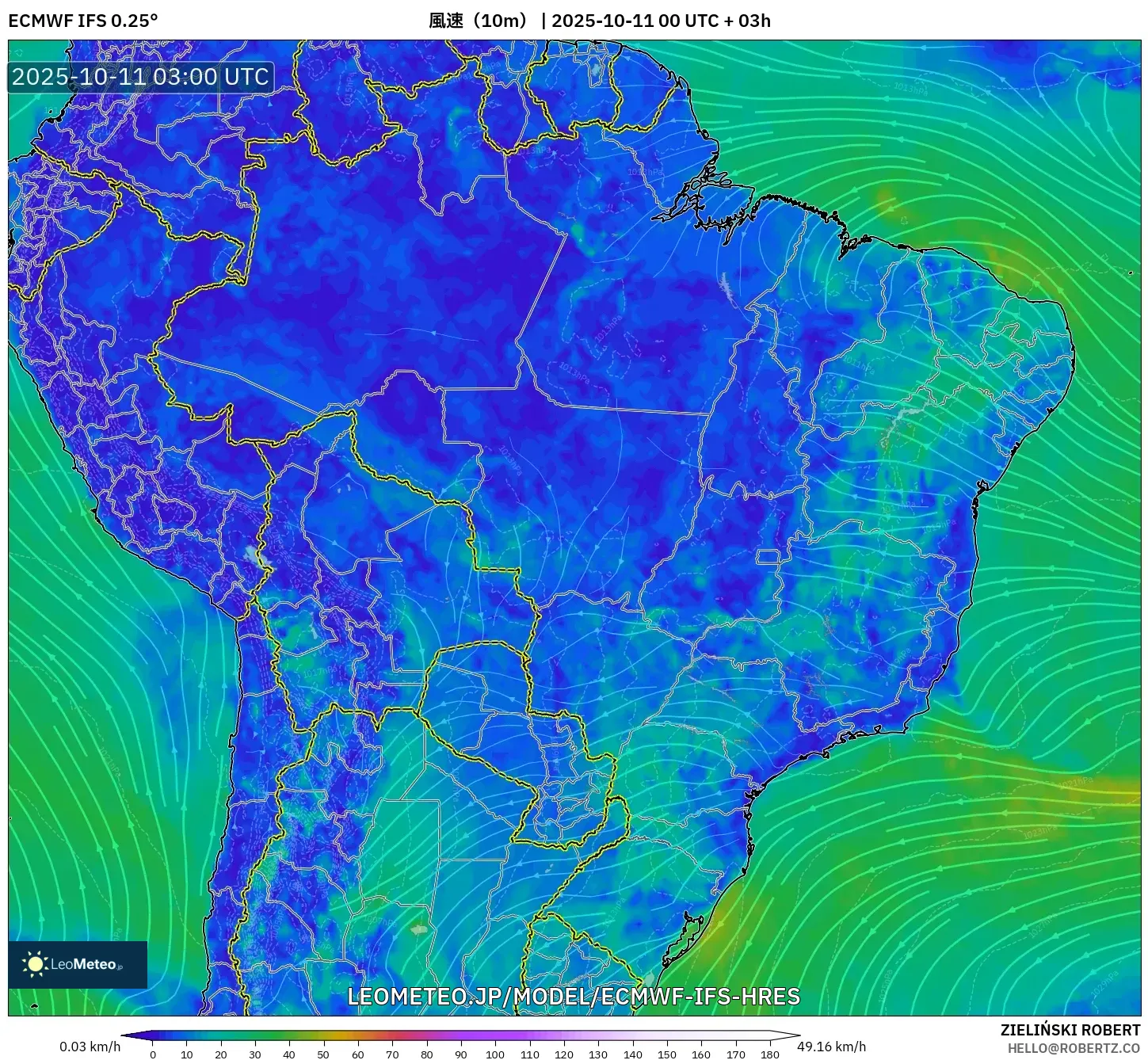 ECMWF IFS 0.25° model - ブラジル, 風速(10m) ECMWF IFS 0.25° model - ブラジル, 風速(10m)
