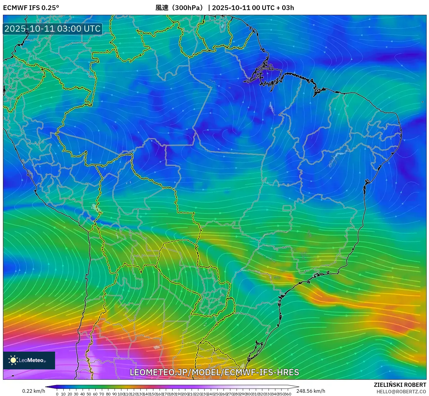 ECMWF IFS 0.25° model - ブラジル, 風速(300hPa) ECMWF IFS 0.25° model - ブラジル, 風速(300hPa)