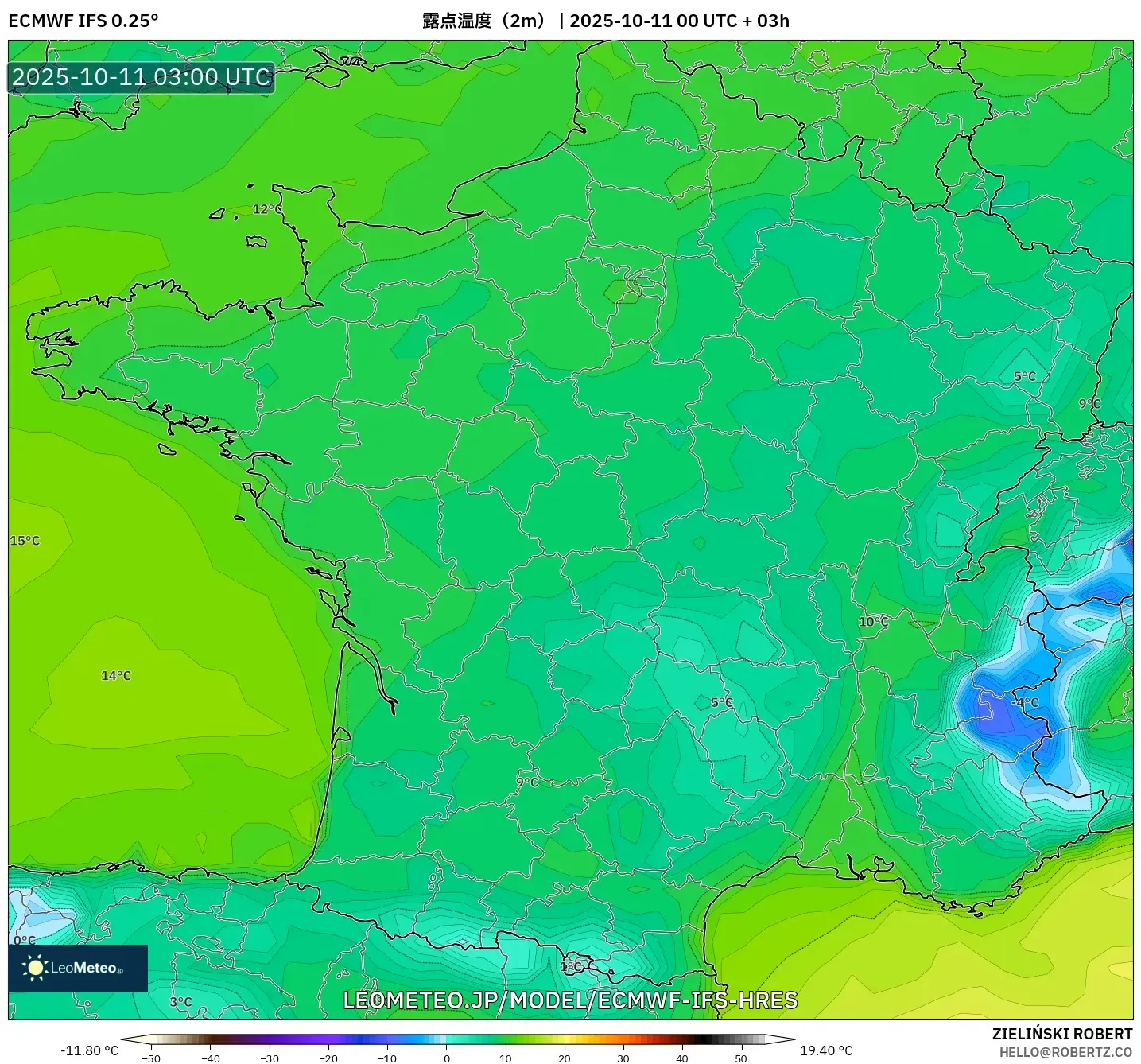 ECMWF IFS 0.25° model - フランス, 露点温度(2m) ECMWF IFS 0.25° model - フランス, 露点温度(2m)