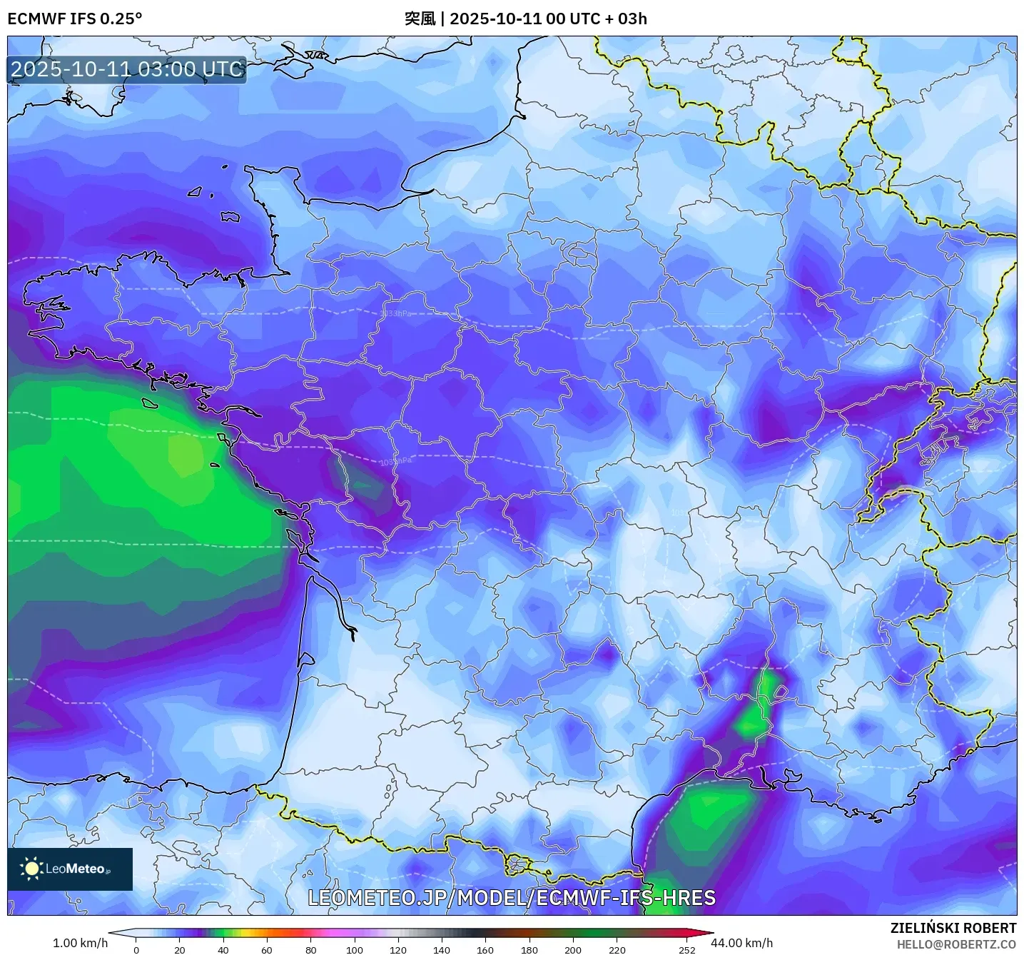 ECMWF IFS 0.25° model - フランス, 突風