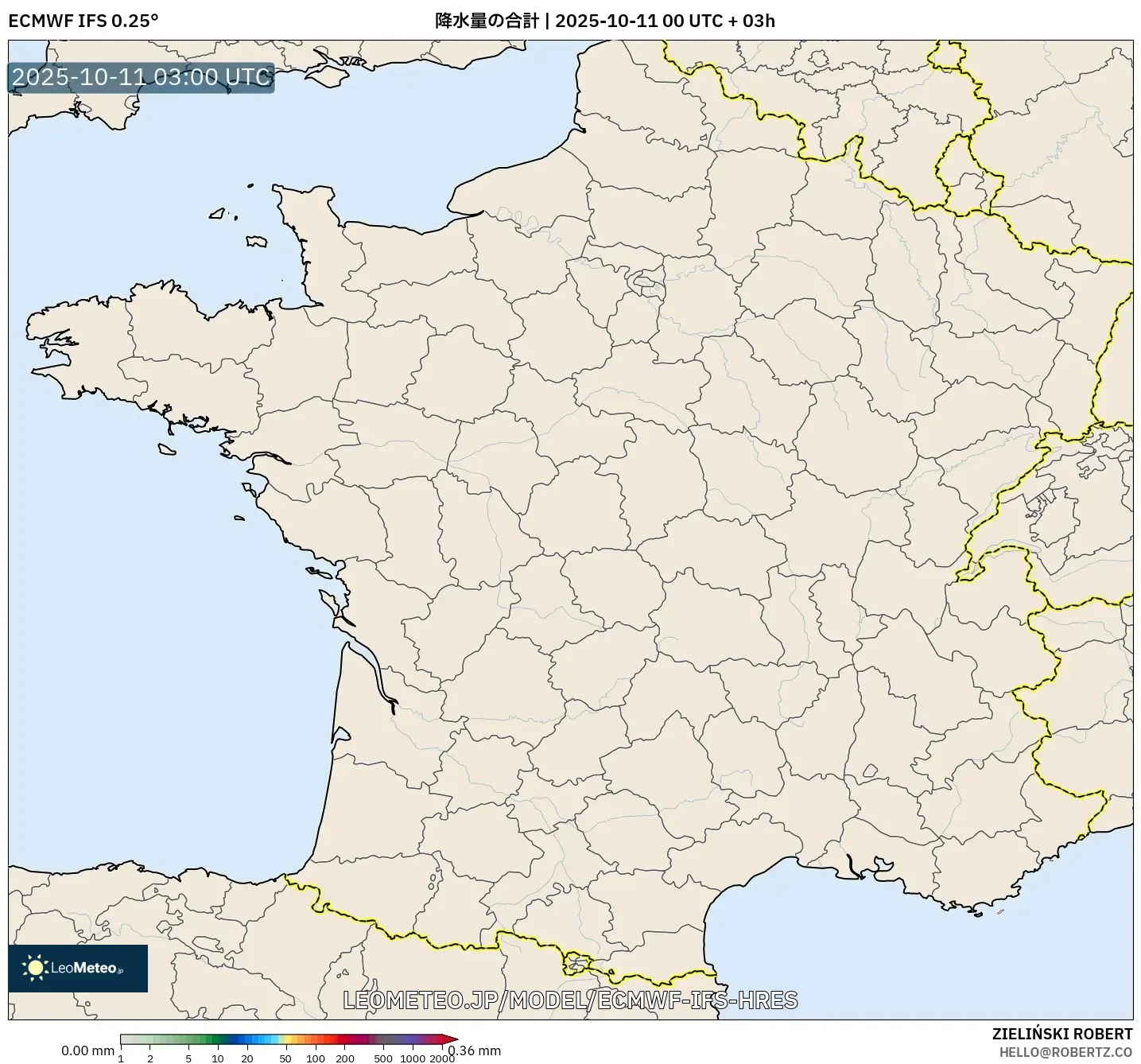 ECMWF IFS 0.25° model - フランス, 降水量の合計 ECMWF IFS 0.25° model - フランス, 降水量の合計