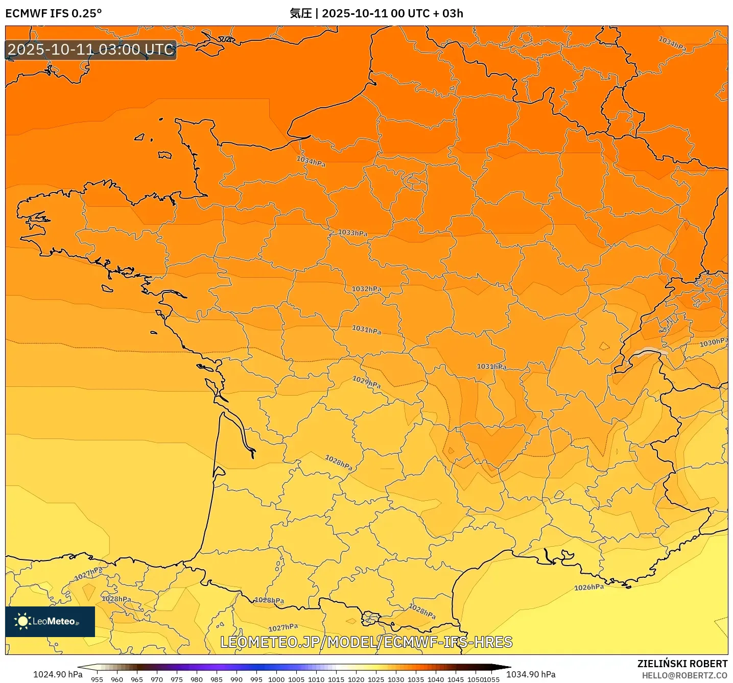 ECMWF IFS 0.25° model - フランス, 気圧 ECMWF IFS 0.25° model - フランス, 気圧