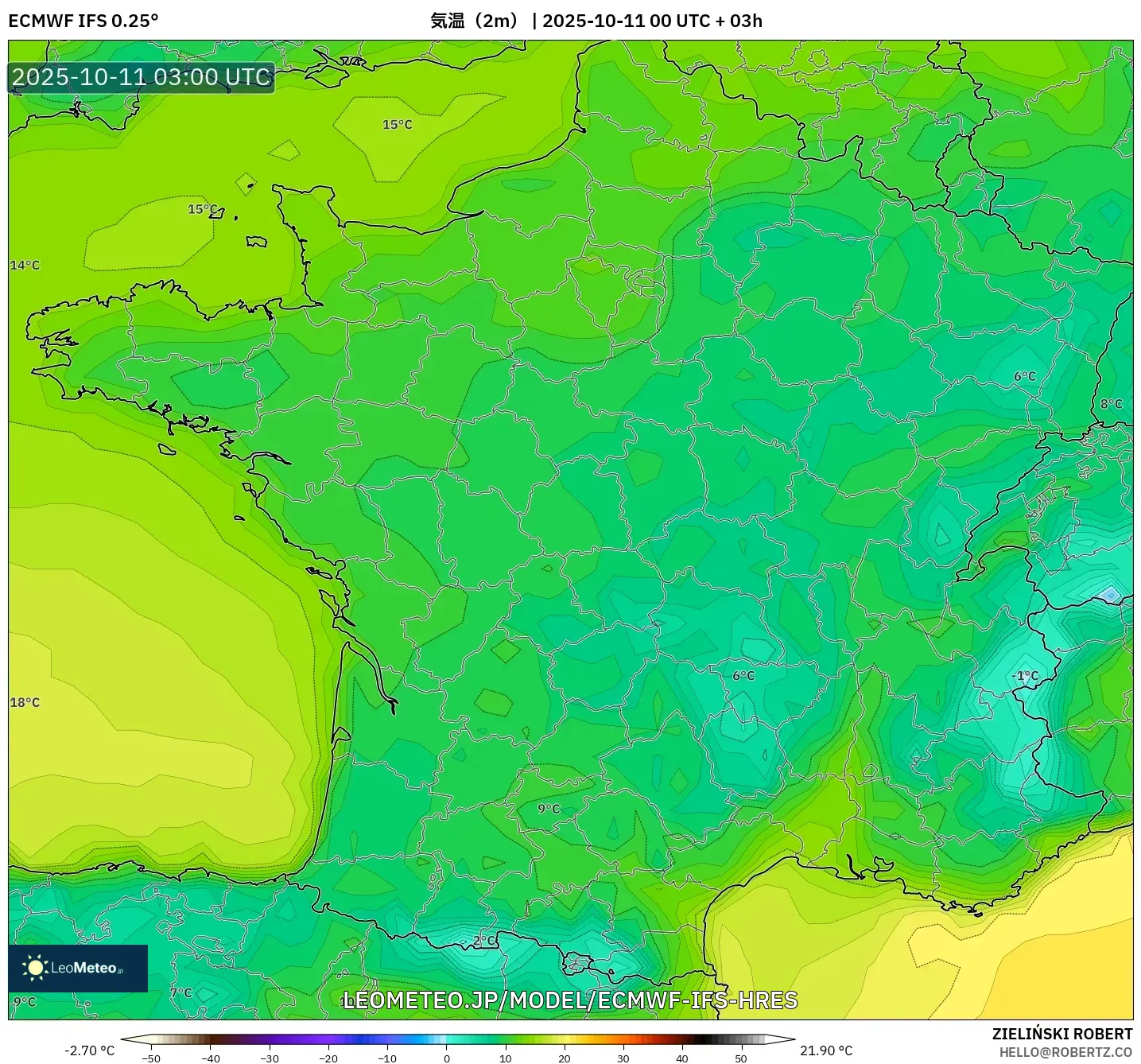 ECMWF IFS 0.25° model - フランス, 気温(2m) ECMWF IFS 0.25° model - フランス, 気温(2m)