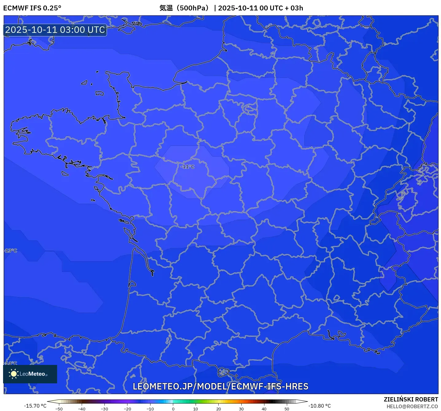 ECMWF IFS 0.25° model - フランス, 気温(500hPa) ECMWF IFS 0.25° model - フランス, 気温(500hPa)