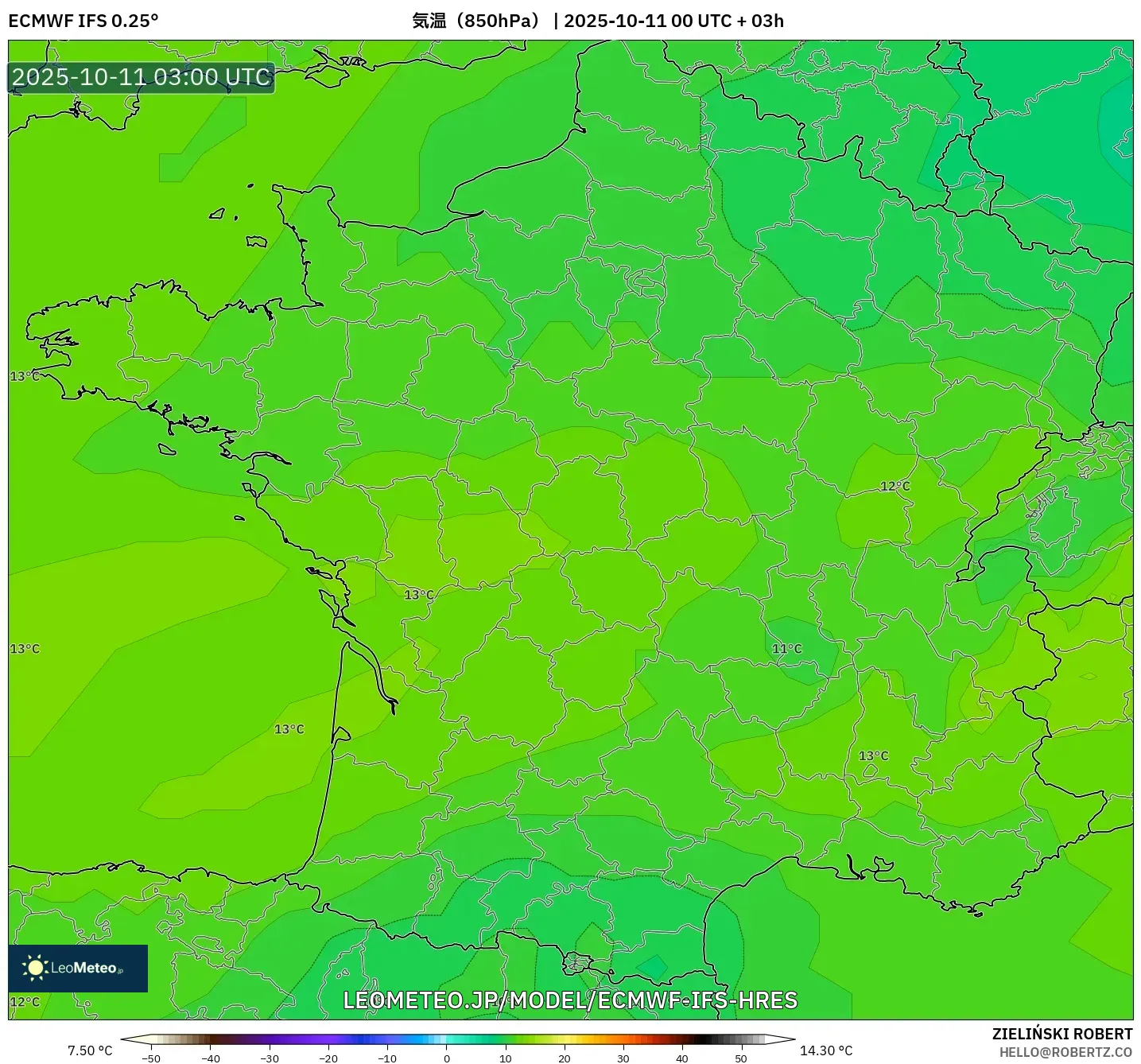 ECMWF IFS 0.25° model - フランス, 気温(850hPa) ECMWF IFS 0.25° model - フランス, 気温(850hPa)