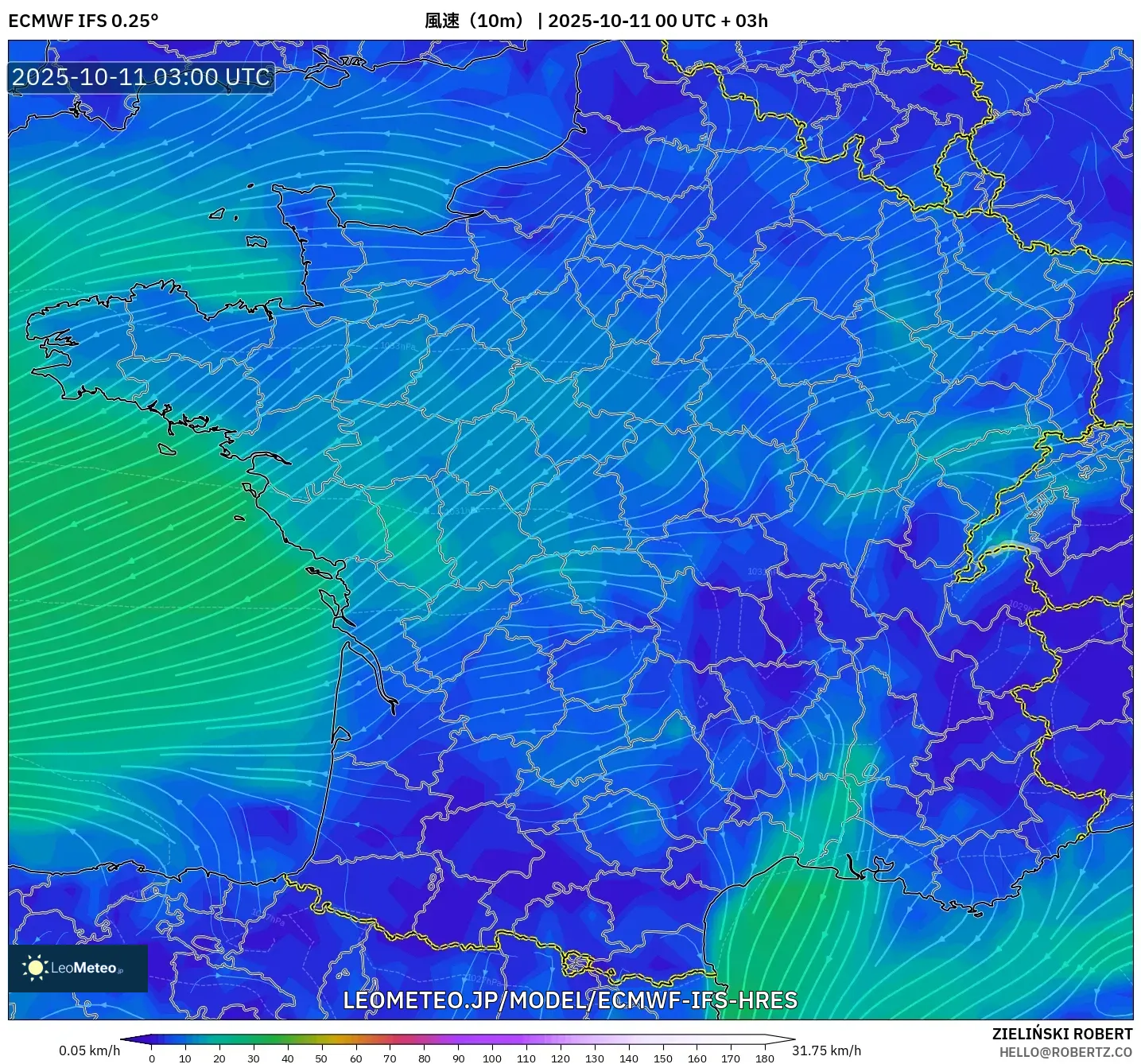 ECMWF IFS 0.25° model - フランス, 風速(10m) ECMWF IFS 0.25° model - フランス, 風速(10m)