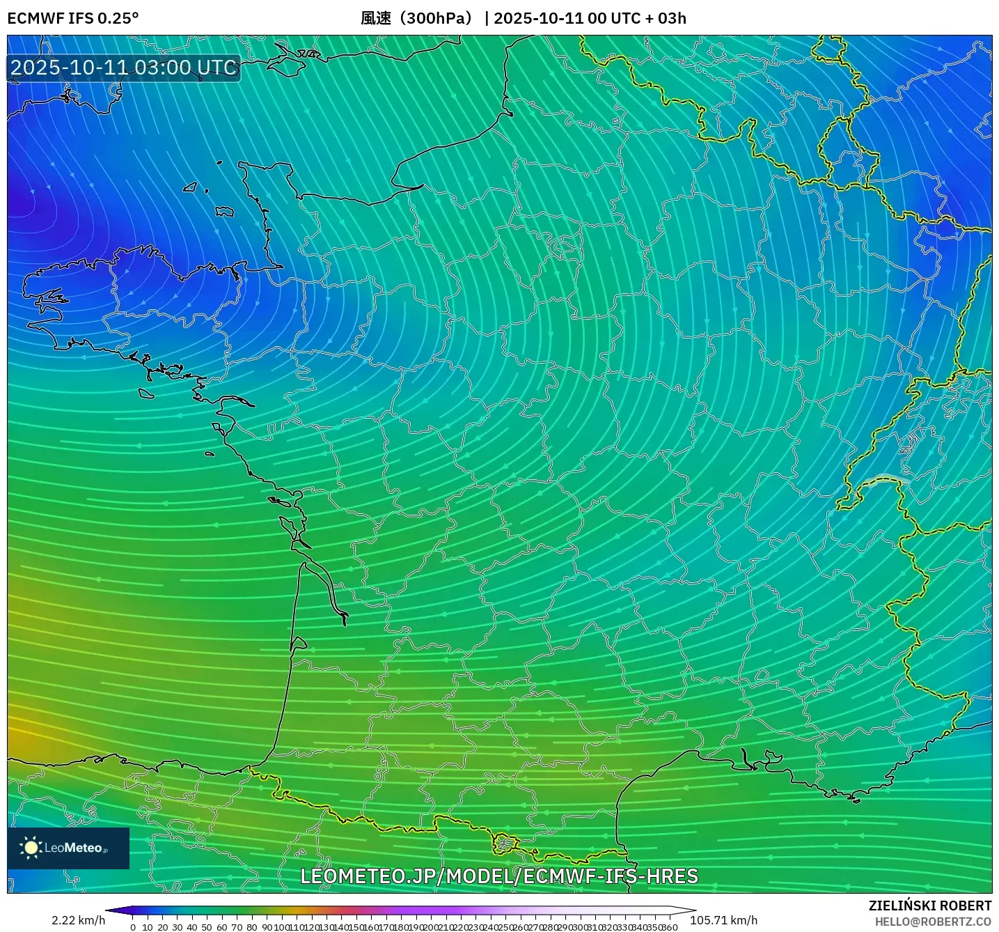 ECMWF IFS 0.25° model - フランス, 風速(300hPa) ECMWF IFS 0.25° model - フランス, 風速(300hPa)