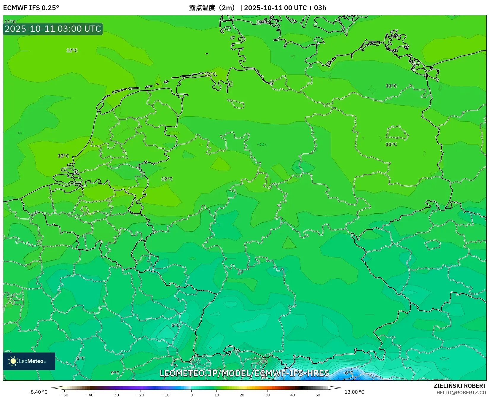 ECMWF IFS 0.25° model - ドイツ, 露点温度(2m) ECMWF IFS 0.25° model - ドイツ, 露点温度(2m)