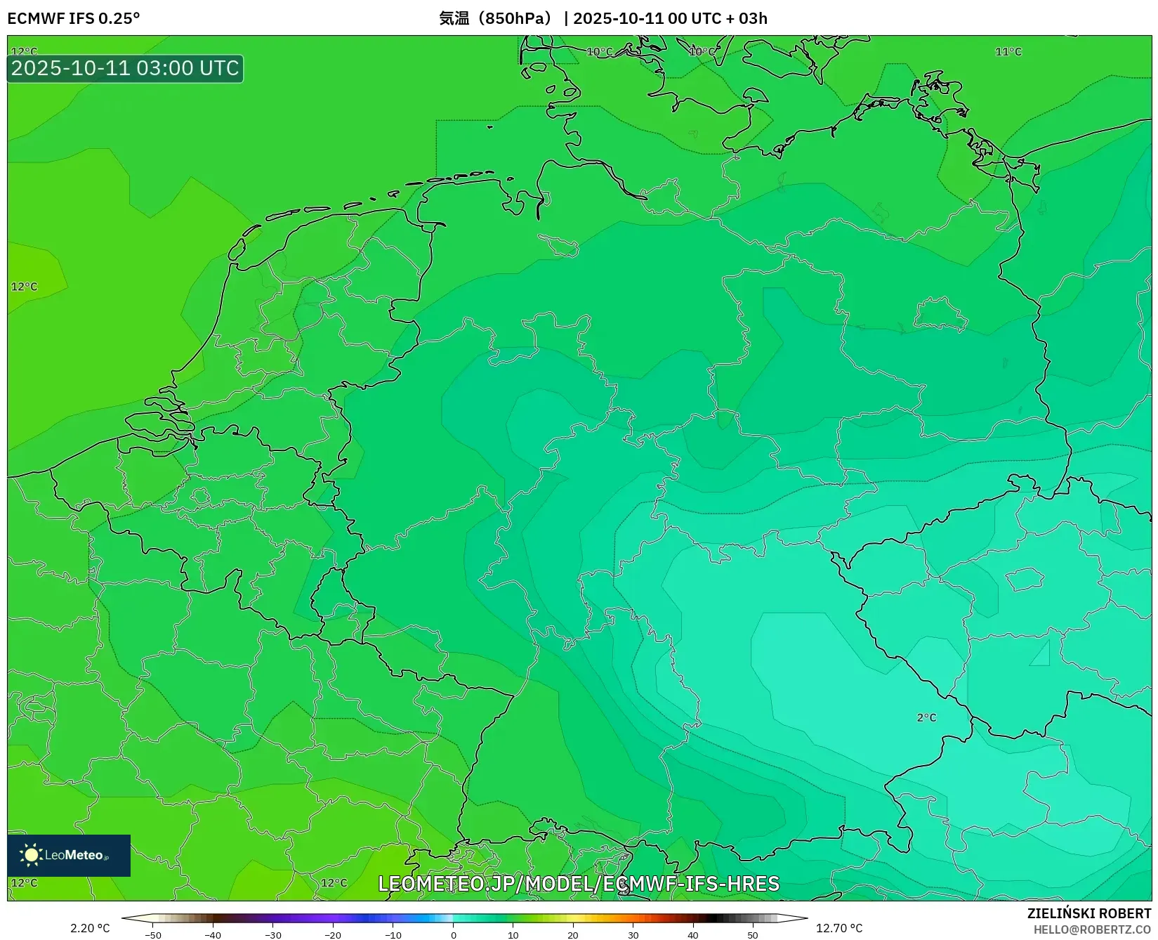 ECMWF IFS 0.25° model - ドイツ, 気温(850hPa) ECMWF IFS 0.25° model - ドイツ, 気温(850hPa)
