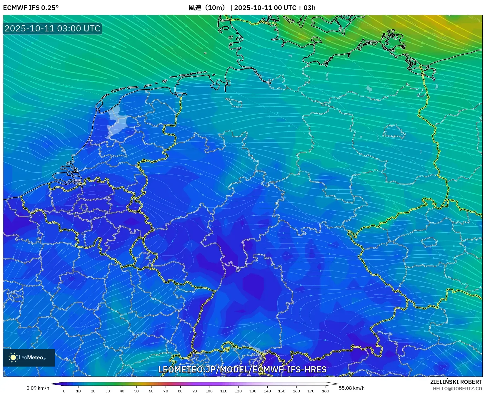 ECMWF IFS 0.25° model - ドイツ, 風速（10m）