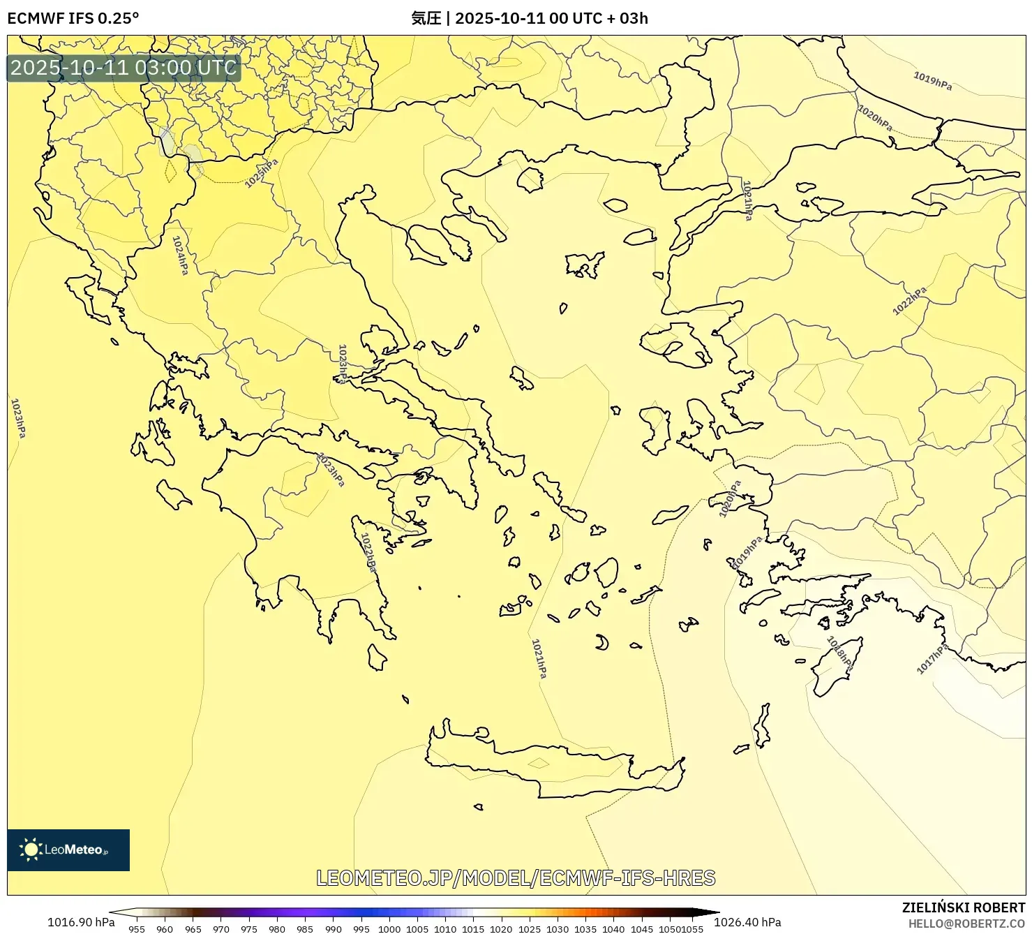 ECMWF IFS 0.25° model - ギリシャ, 気圧 ECMWF IFS 0.25° model - ギリシャ, 気圧