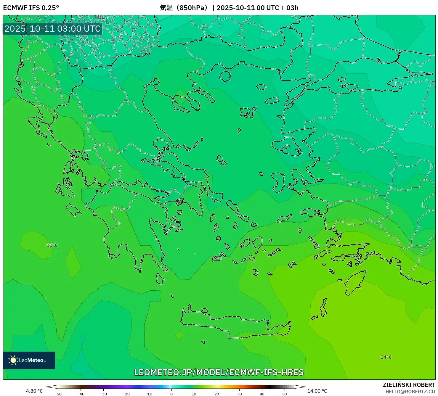 ECMWF IFS 0.25° model - ギリシャ, 気温(850hPa) ECMWF IFS 0.25° model - ギリシャ, 気温(850hPa)