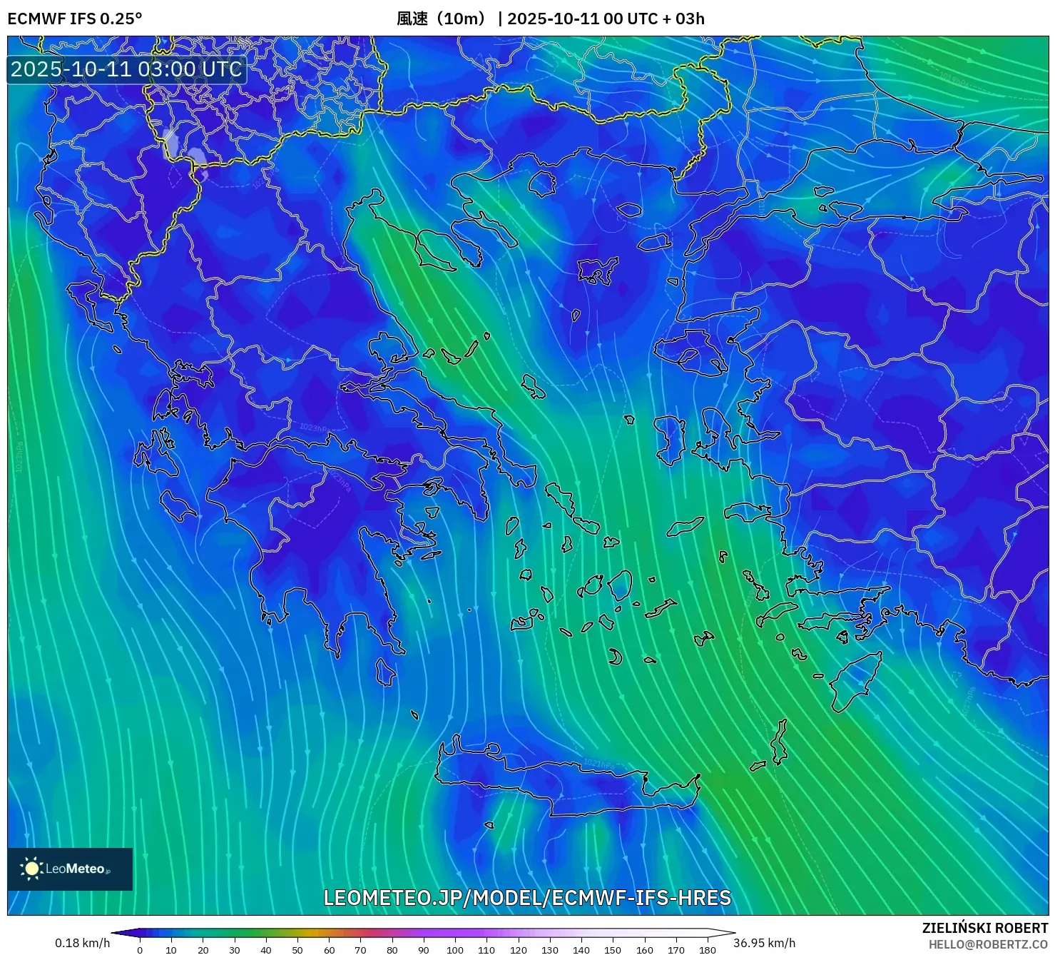 ECMWF IFS 0.25° model - ギリシャ, 風速(10m) ECMWF IFS 0.25° model - ギリシャ, 風速(10m)