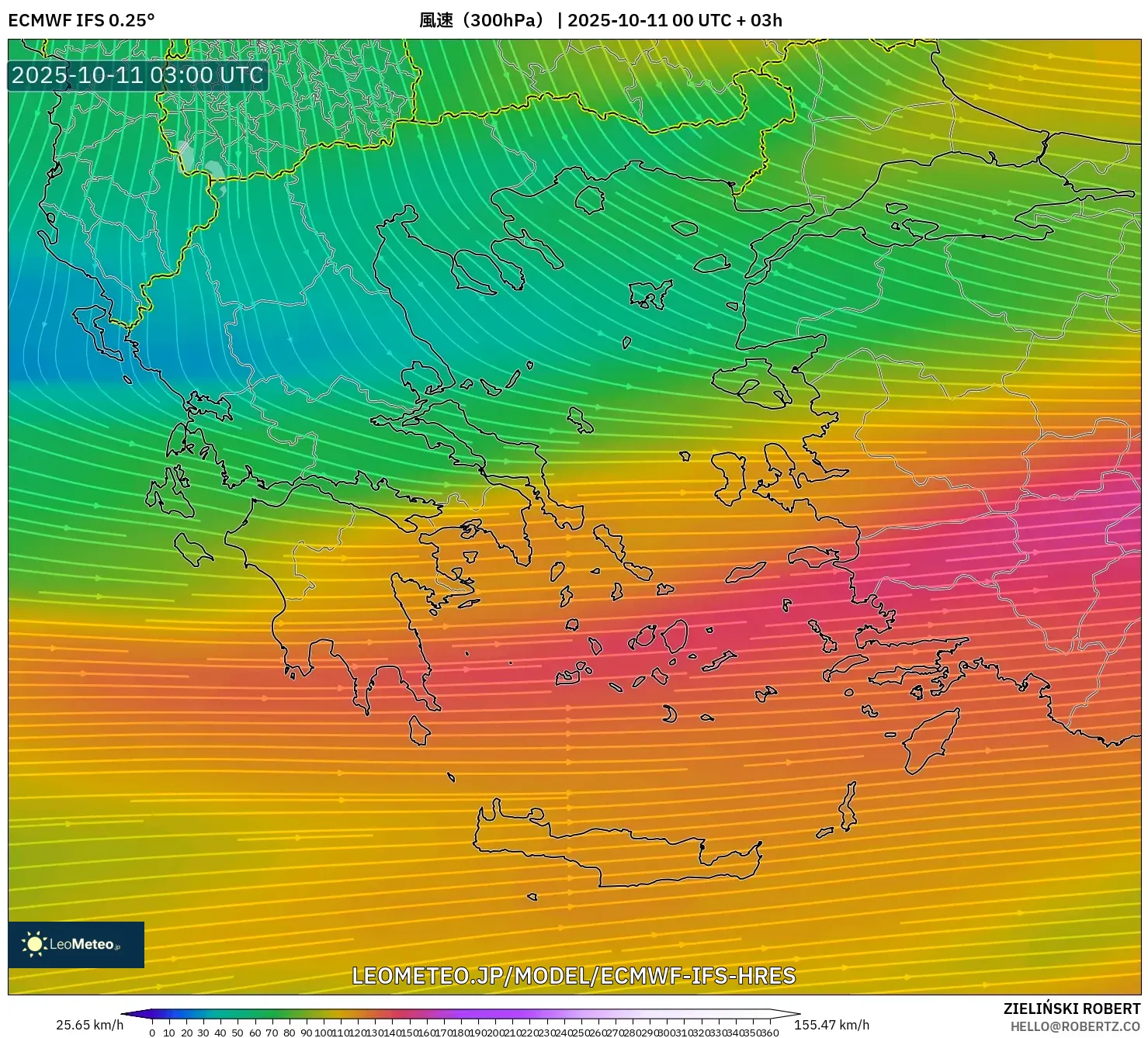 ECMWF IFS 0.25° model - ギリシャ, 風速(300hPa) ECMWF IFS 0.25° model - ギリシャ, 風速(300hPa)