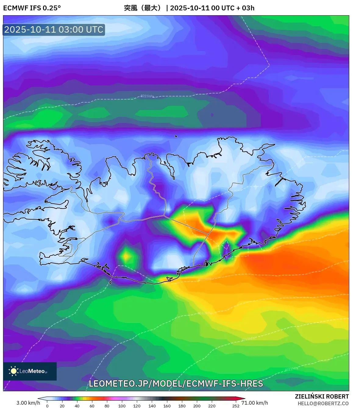 ECMWF IFS 0.25° model - アイスランド, 突風(最大) ECMWF IFS 0.25° model - アイスランド, 突風(最大)
