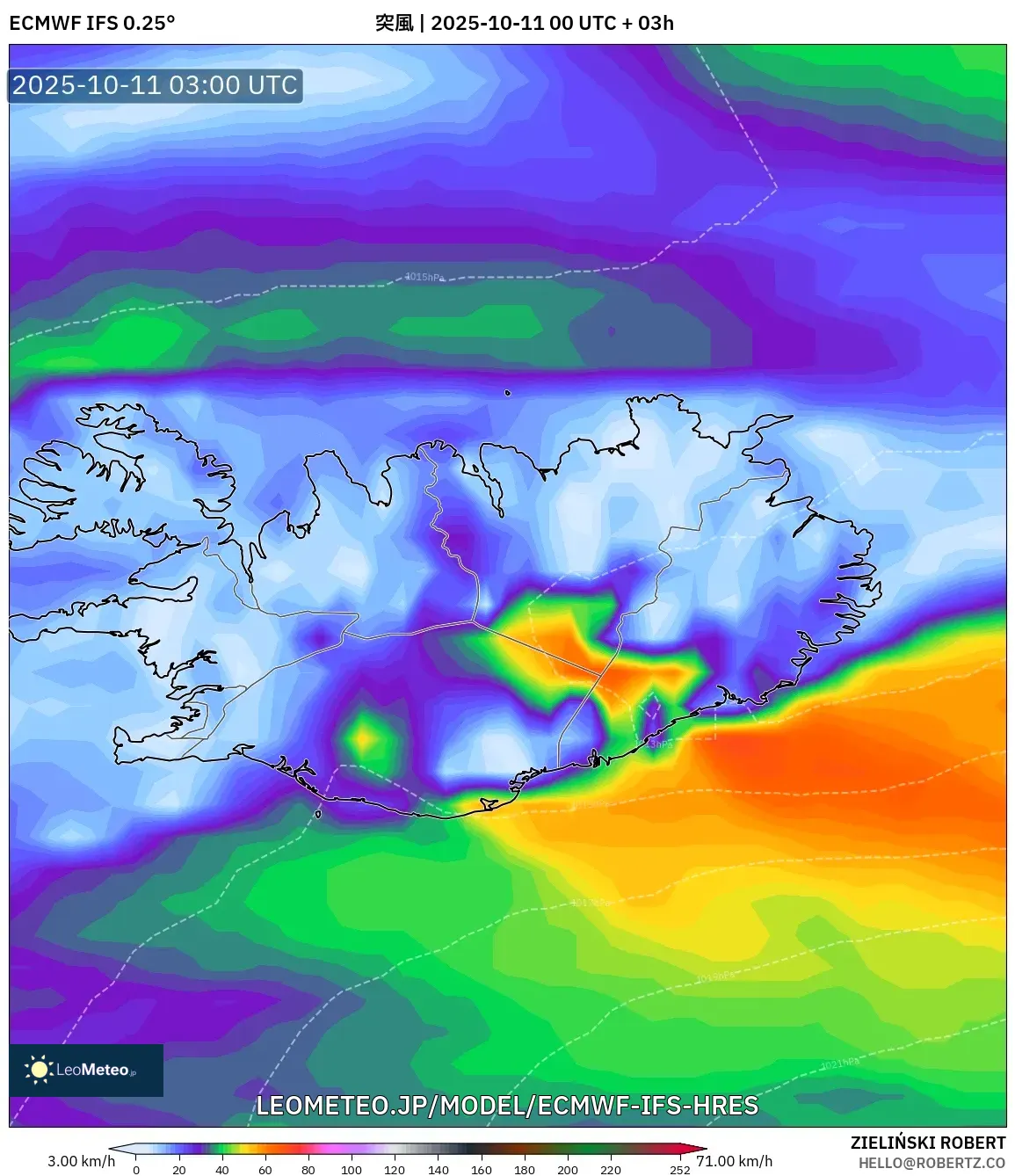 ECMWF IFS 0.25° model - アイスランド, 突風 ECMWF IFS 0.25° model - アイスランド, 突風